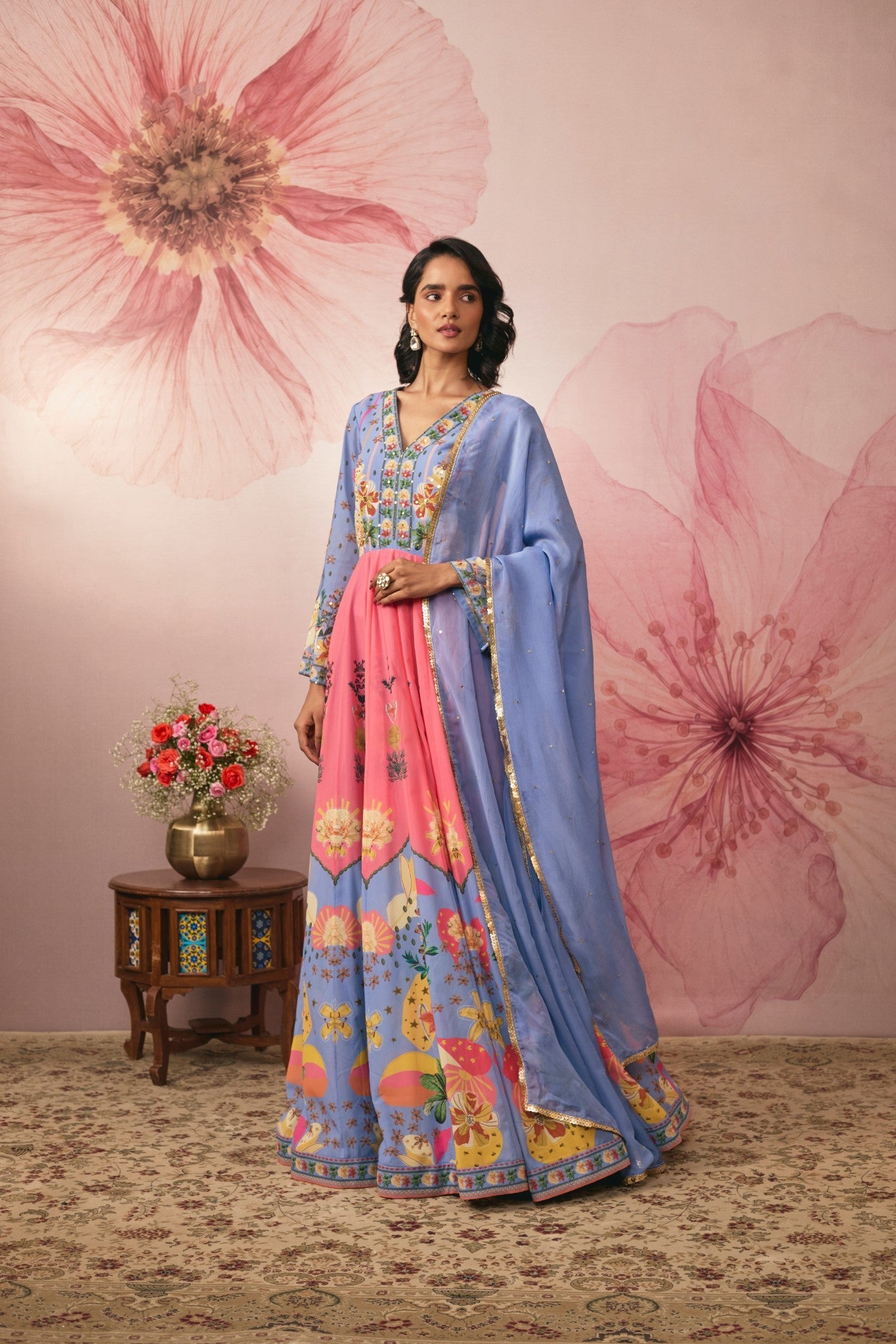 LILAC FLORAL PRINTED COLOR BLOCK GOWN