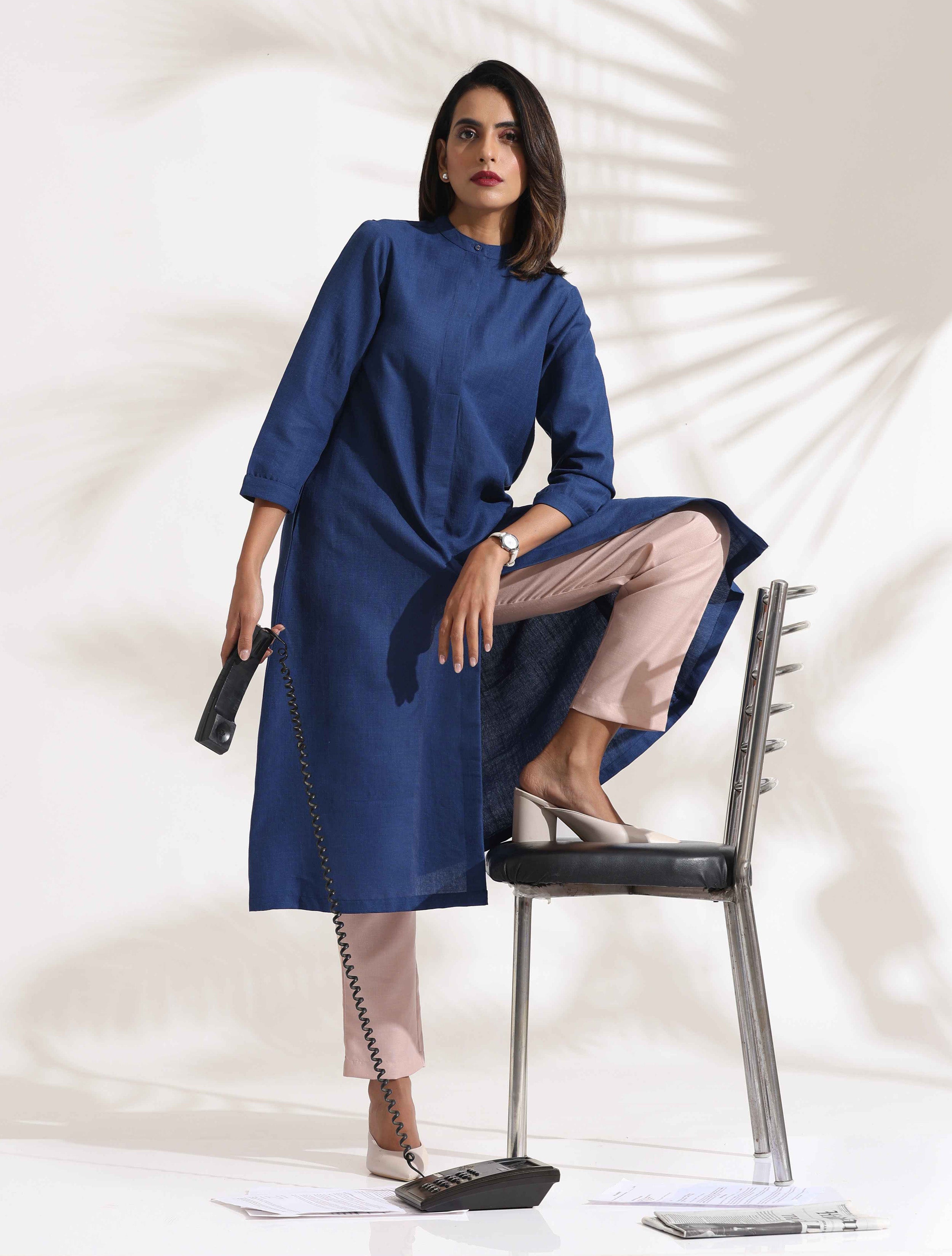 trueBrowns Blue Slub Kurta Set