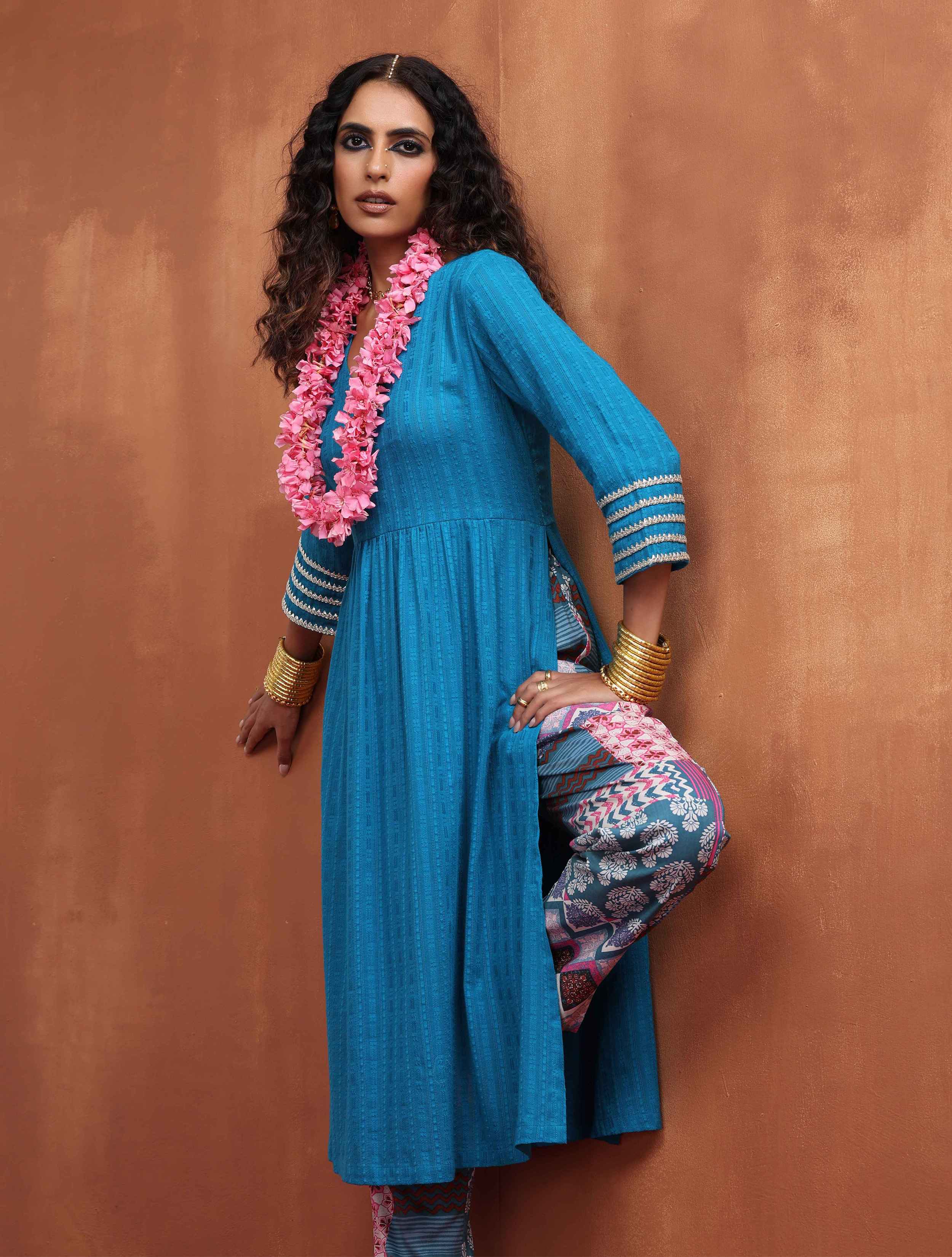 trueBrowns Blue Cotton Flared Arkali Kurta Set