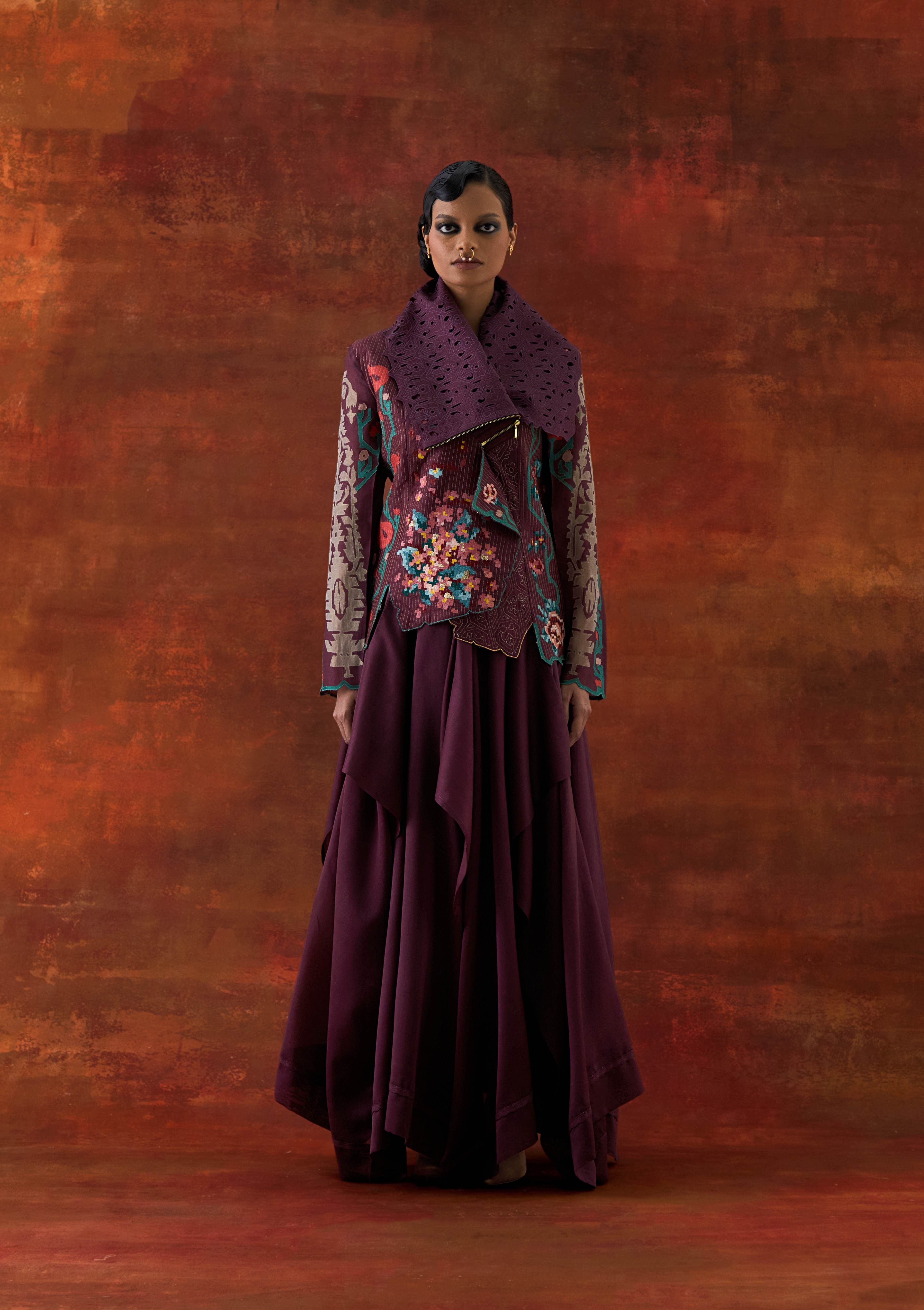 EMB DRAPED COLLAR JACKET WITH DRAPED SKIRT - image 1