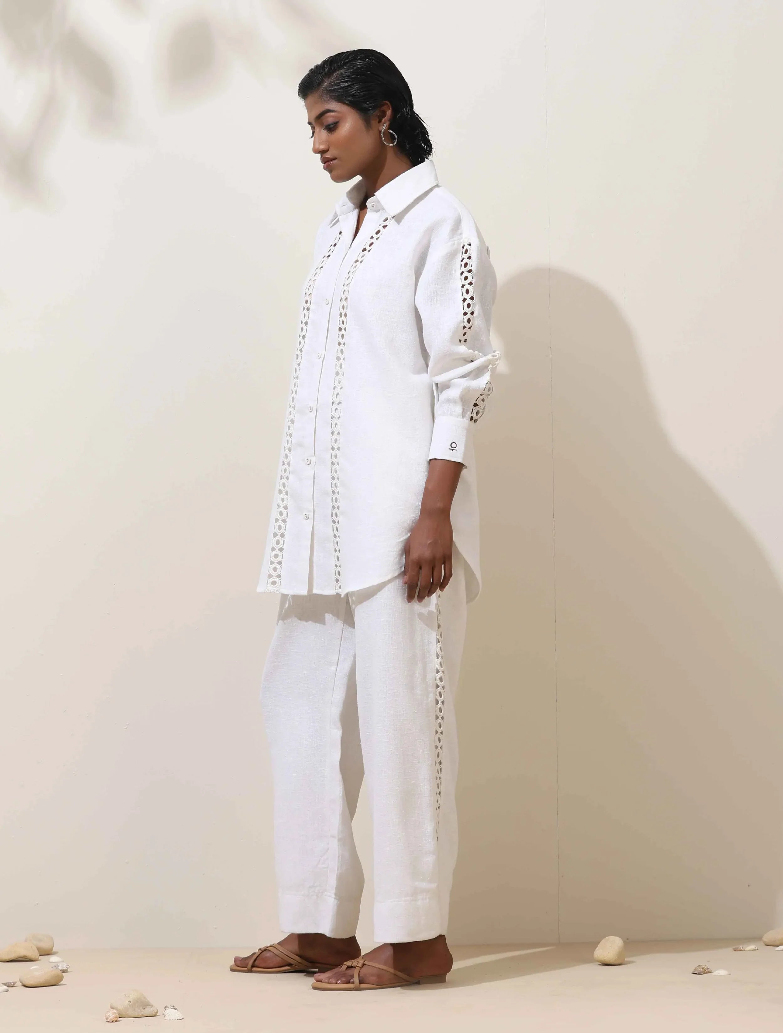 trueBrowns Attar White Crochet tural Cotton Shirt Co-ord Set