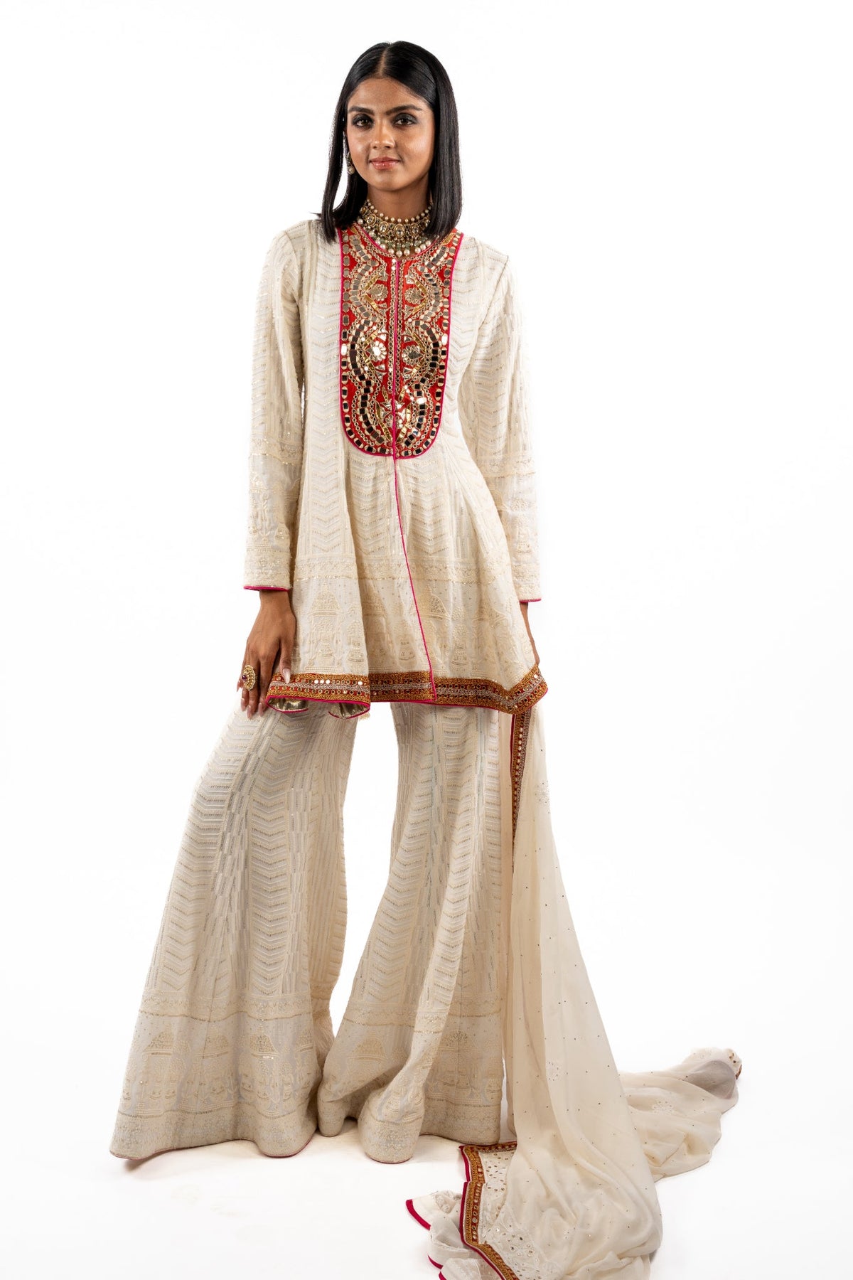 Ivory Mirrorwork Kurta Set with Flared Sharara