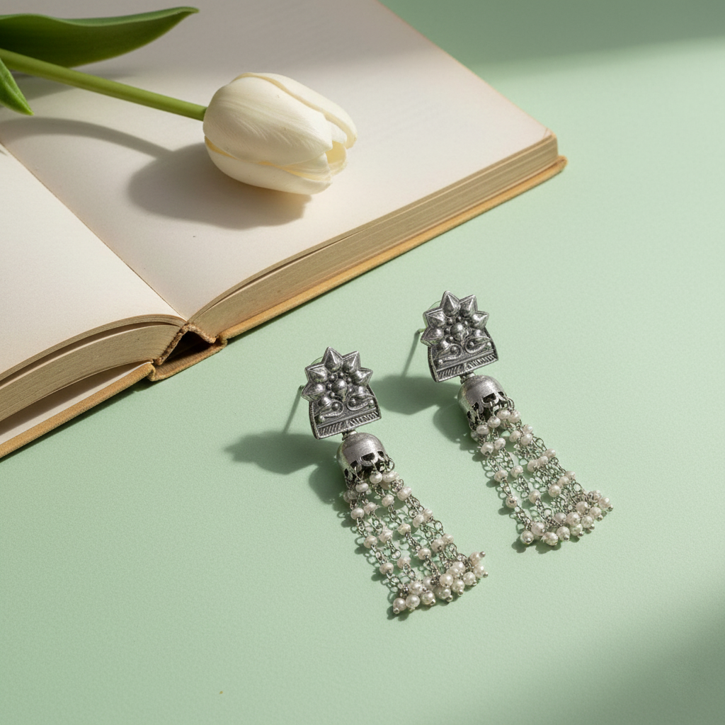 Statement Oxidised Silver Tassel Earrings by Sangeeta Boochra