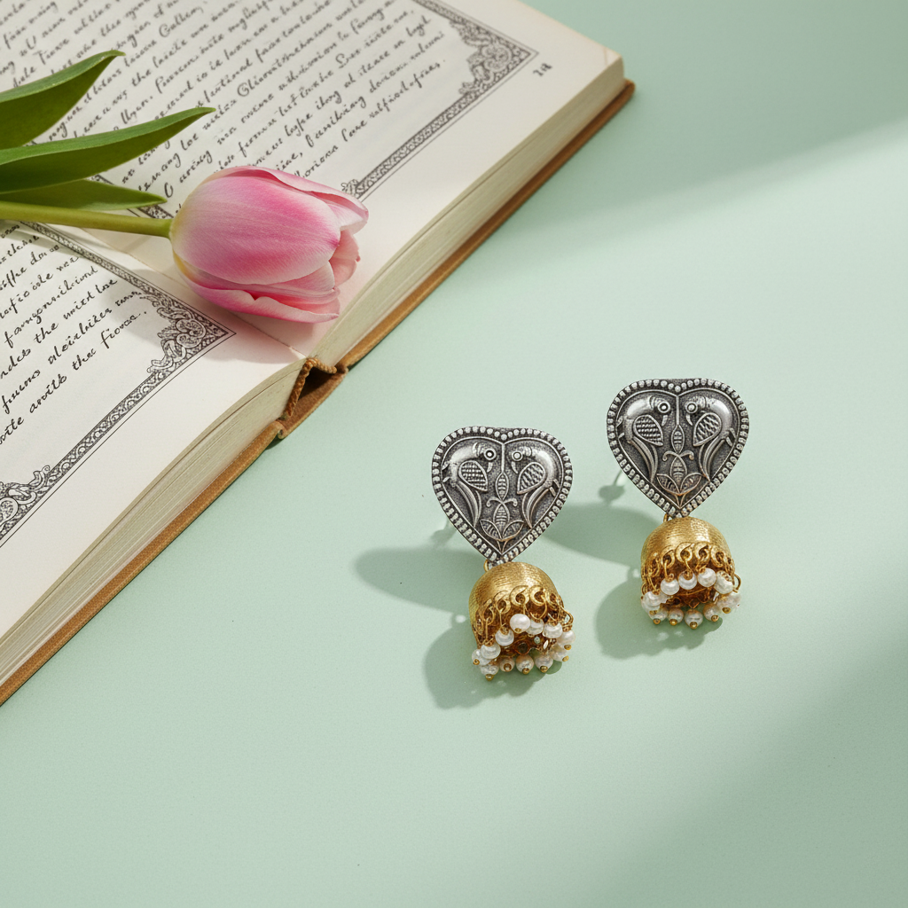 Sangeeta Boochra Vintage Peacock Motif Silver Earrings with Gold Jhumka