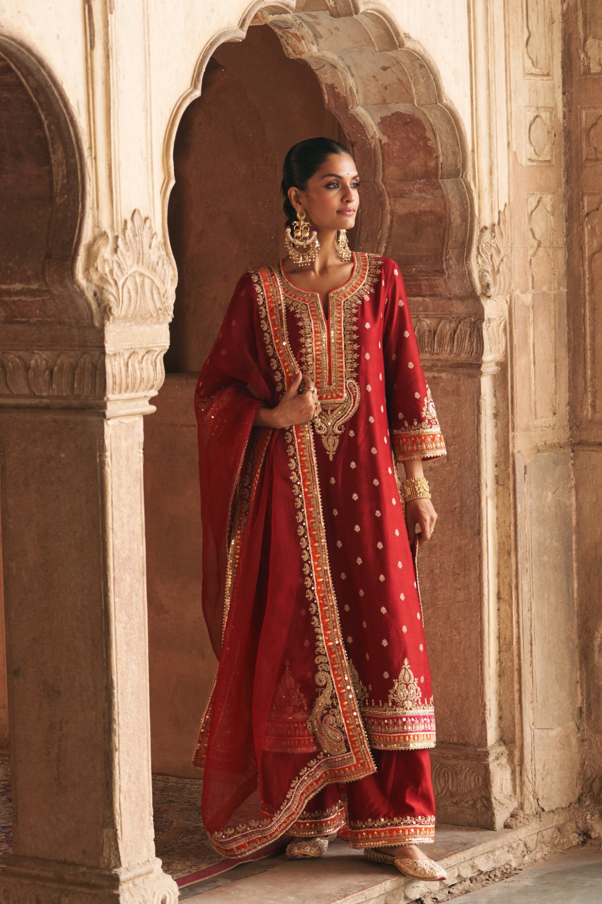 Deep Red Embroidered Kurta Set with Silk Organza Dupatta