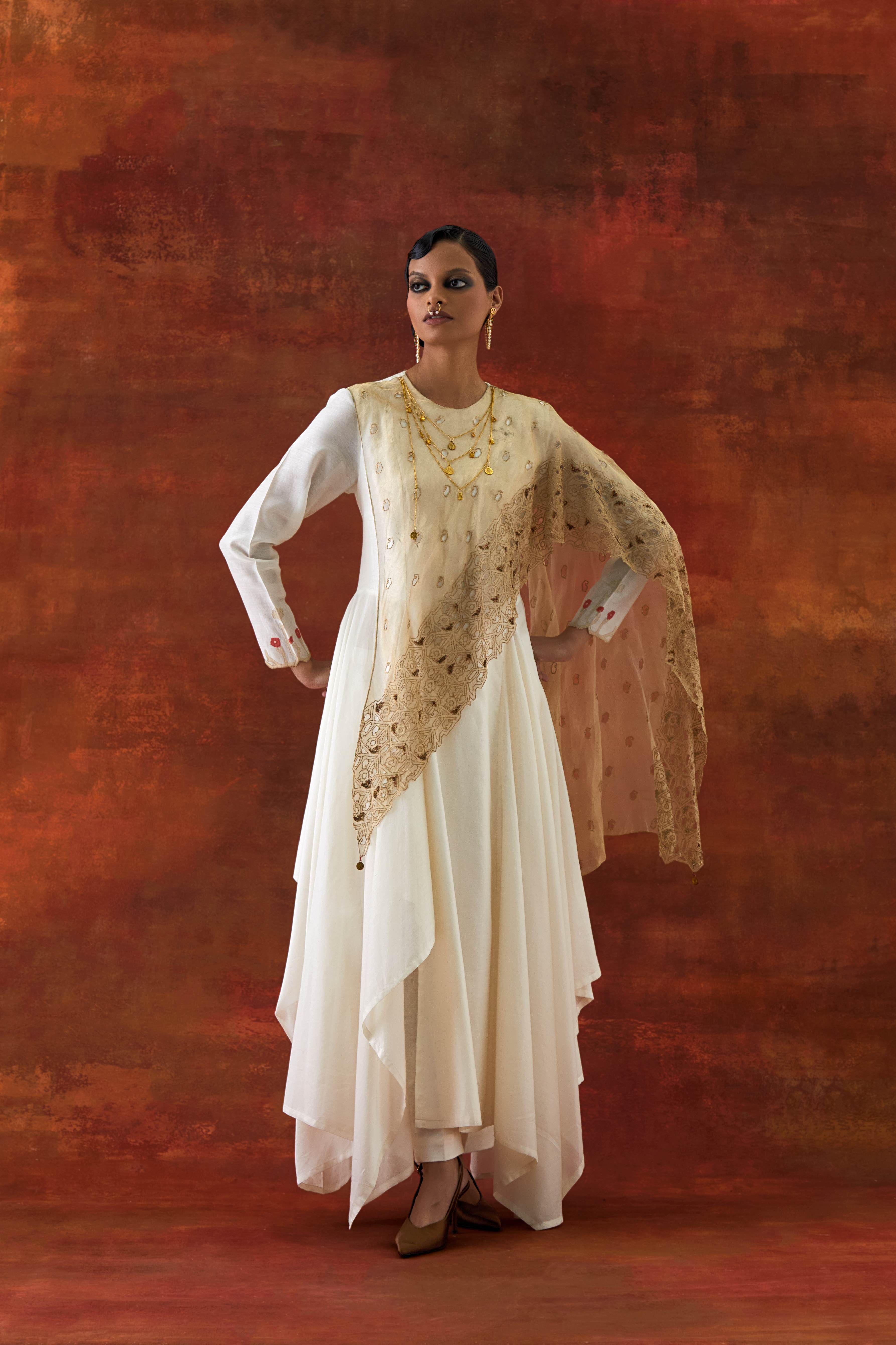 EMB GOLD TISSUE ATTACHED DRAPED KURTA WITH PANTS - image 1