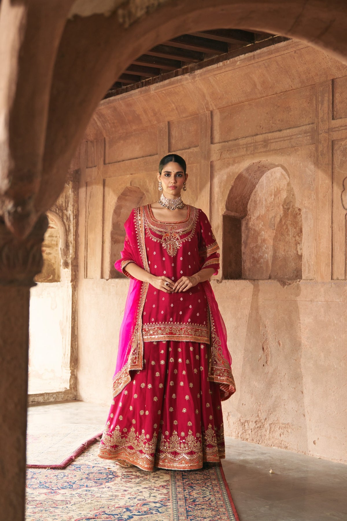 Hot Pink Pure Banarasi Short Kurta with Sharara & Dupatta
