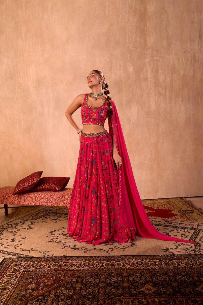 PINK PRINT EMBROIDERED CHOLI, LEHENGA AND DUPATTA SET - image 1