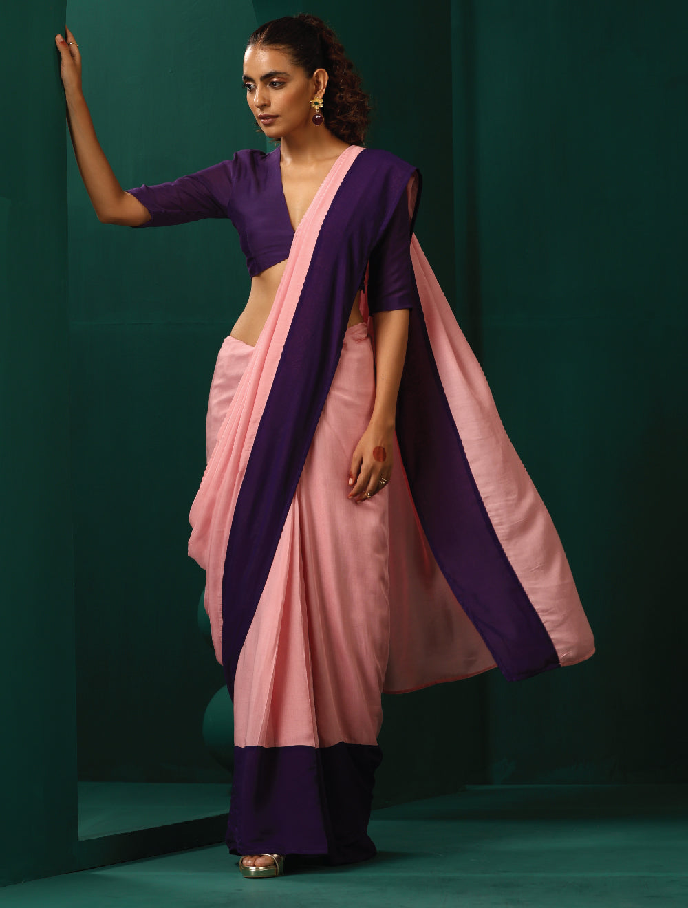 trueBrowns Pink Purple Muslin Silk Ready To Wear Saree
