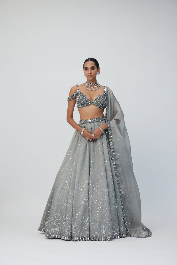 Crystal Grey Sequins Scattered Organza Lehenga Set