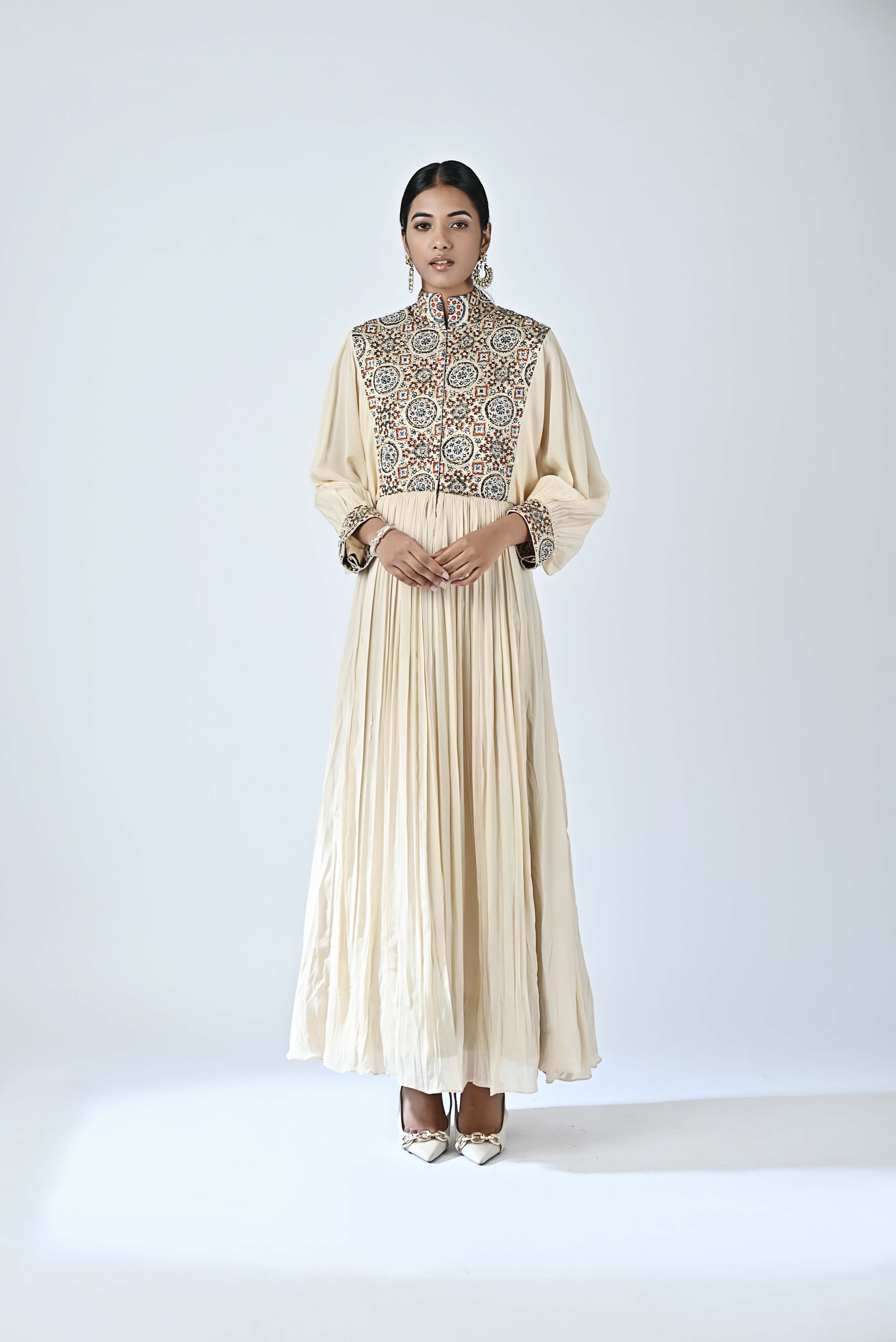 beige ajrakh embellished butterfly sleeve gathered dress