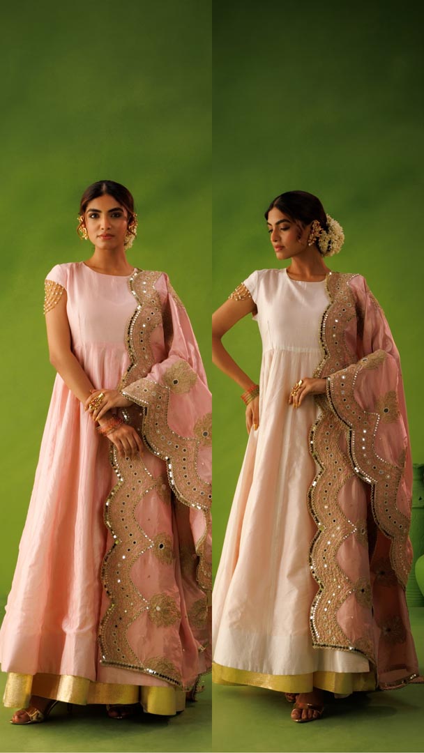 Ivory and baby pink reversible anarkali set