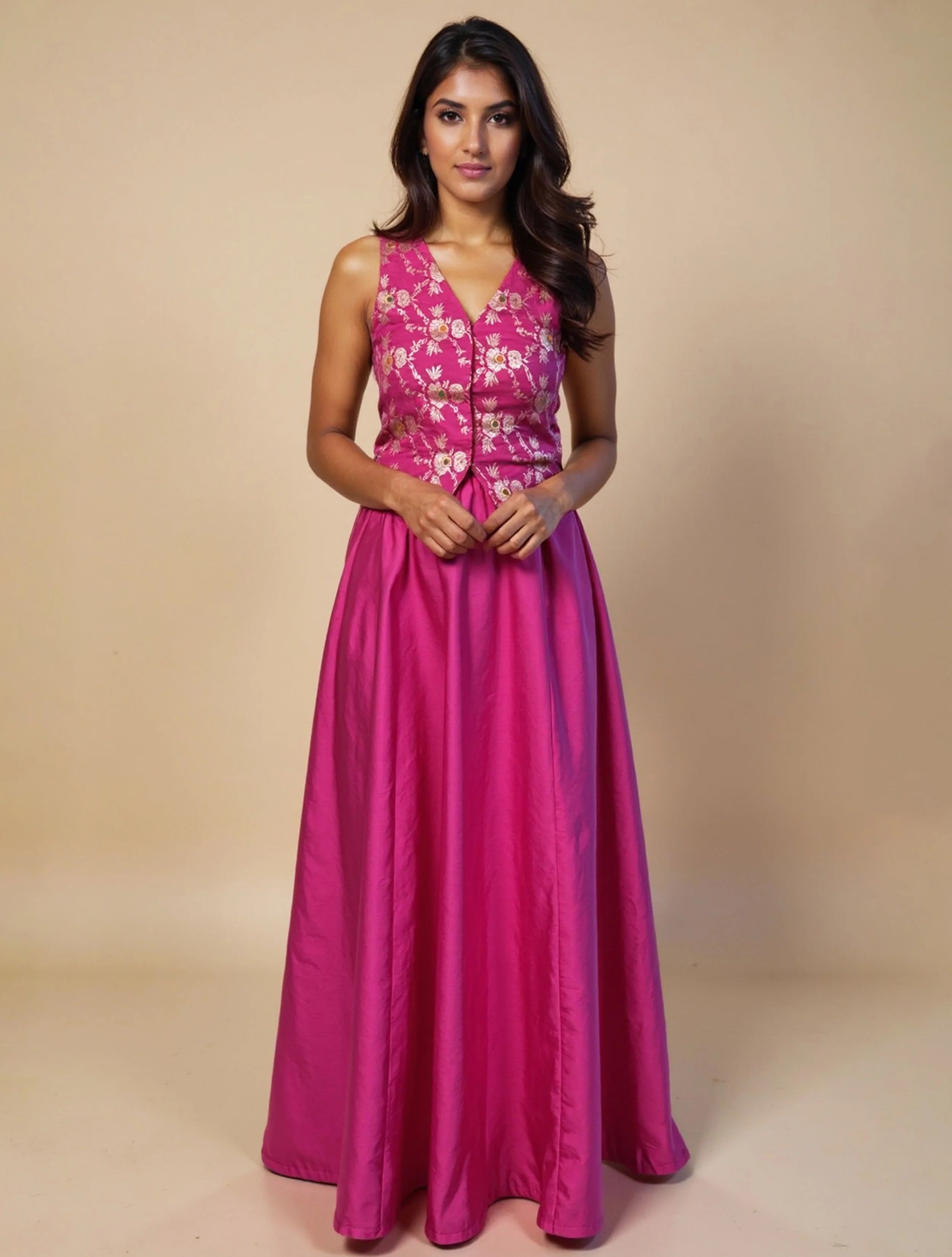 trueBrowns Pink Brocade Jacket Skirt Co-ord Set