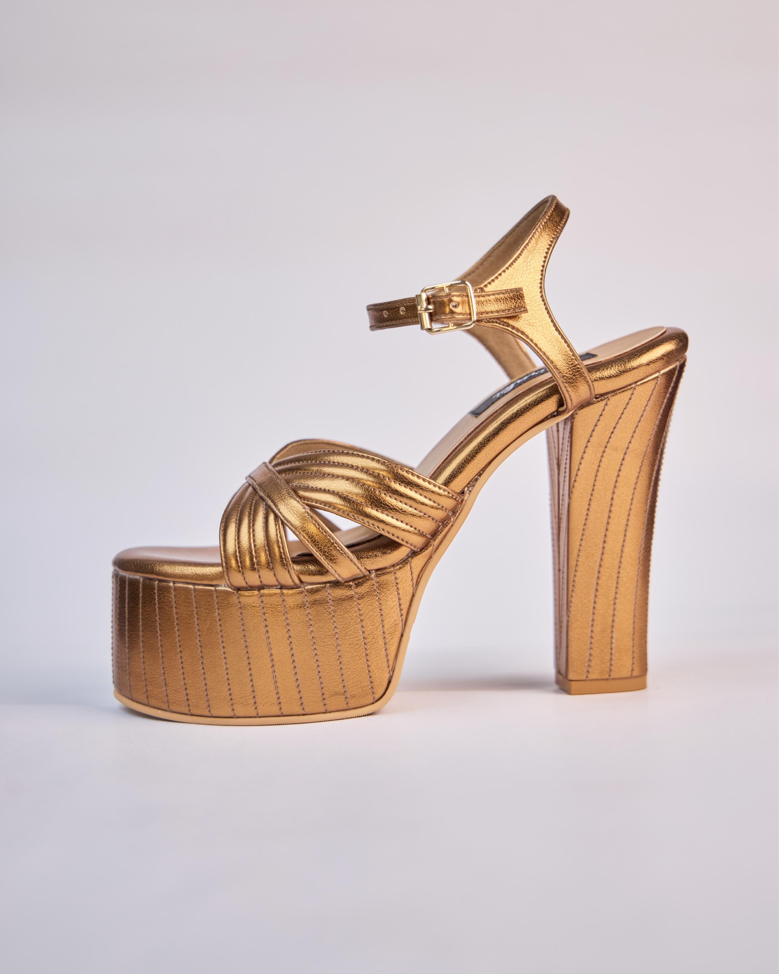 Antique Gold Block Heels With Stitching Details