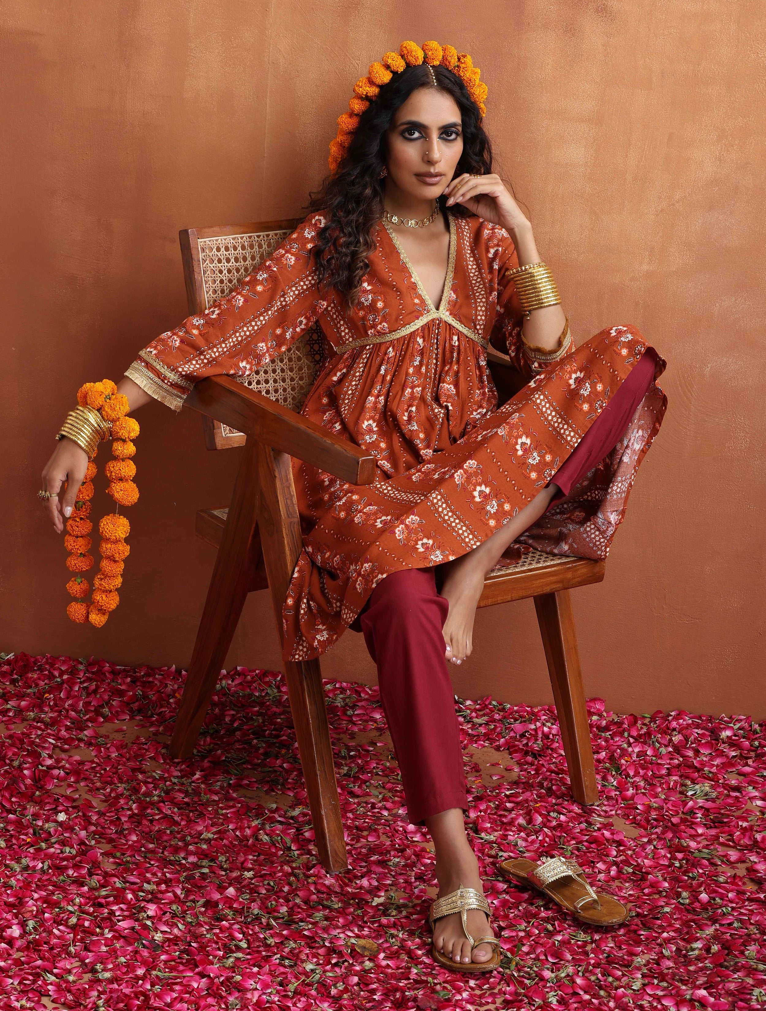 trueBrowns Orange Print Arkali Kurta Co-ord Set