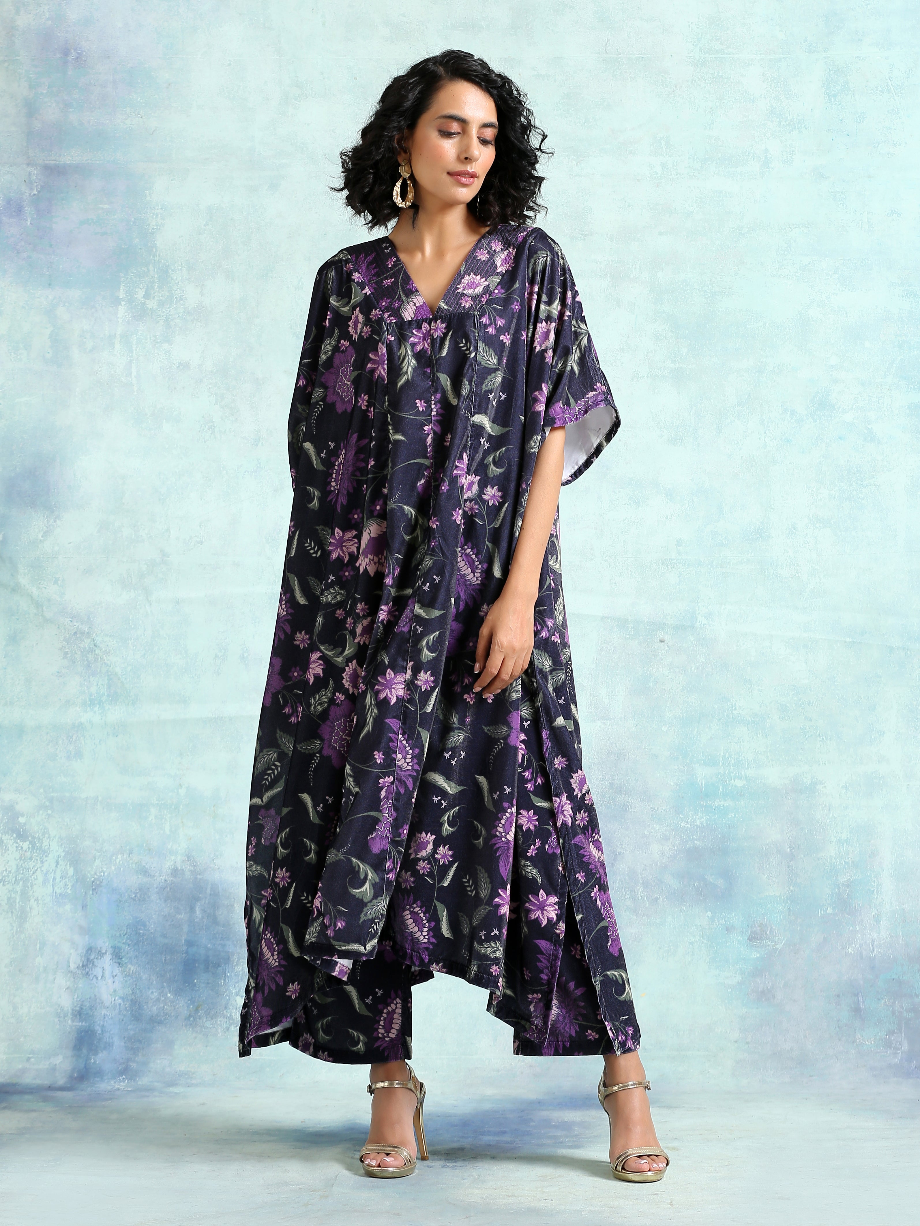 Black Printed Velvet Kaftan Kurta