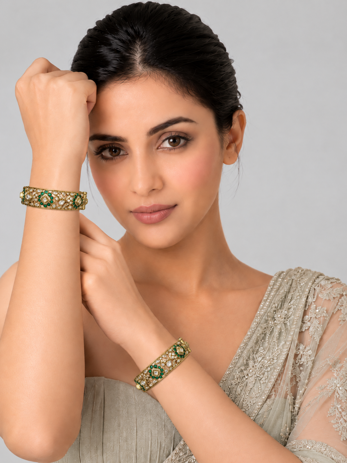 Emerald Moissanite Polki Floral Bangles