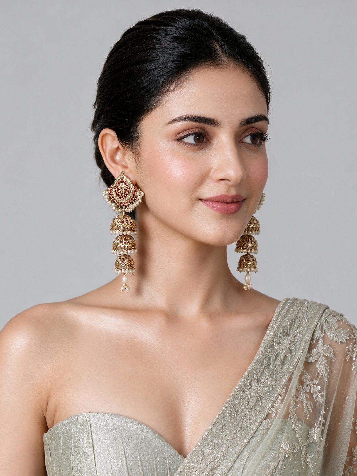 Layered Jadau Pearl Jhumka Earrings