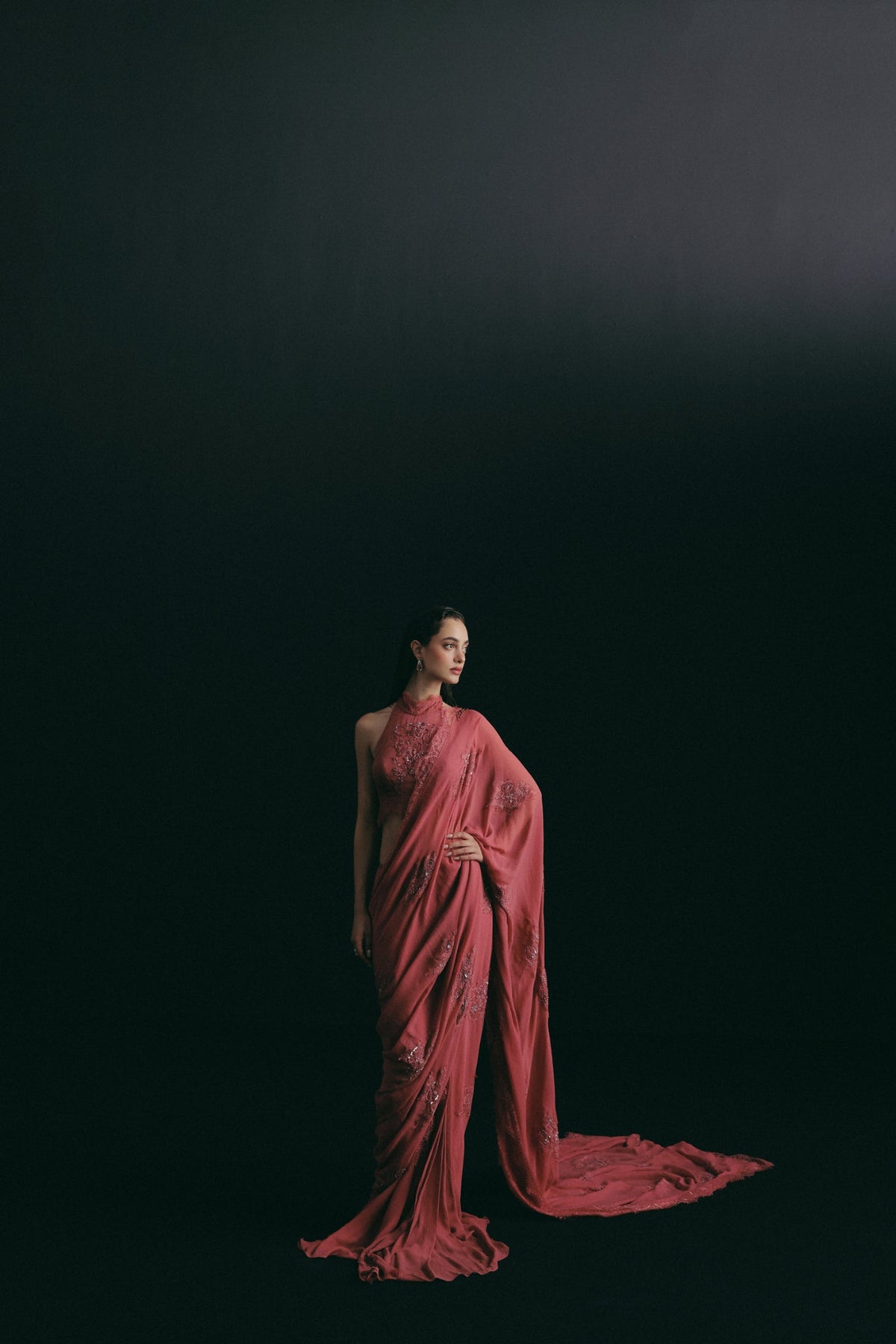 Zardosi & Bugle Bead Embroidery, Silk Georgette & Vintage Lace, Pre-Pleated Saree Set, Blouse Silhouette