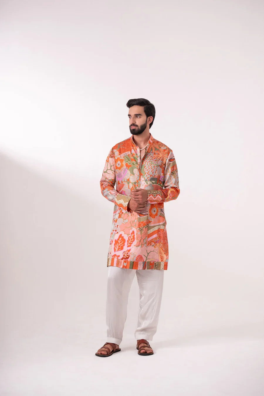Multi-Color Printed Linen Silk Kurta