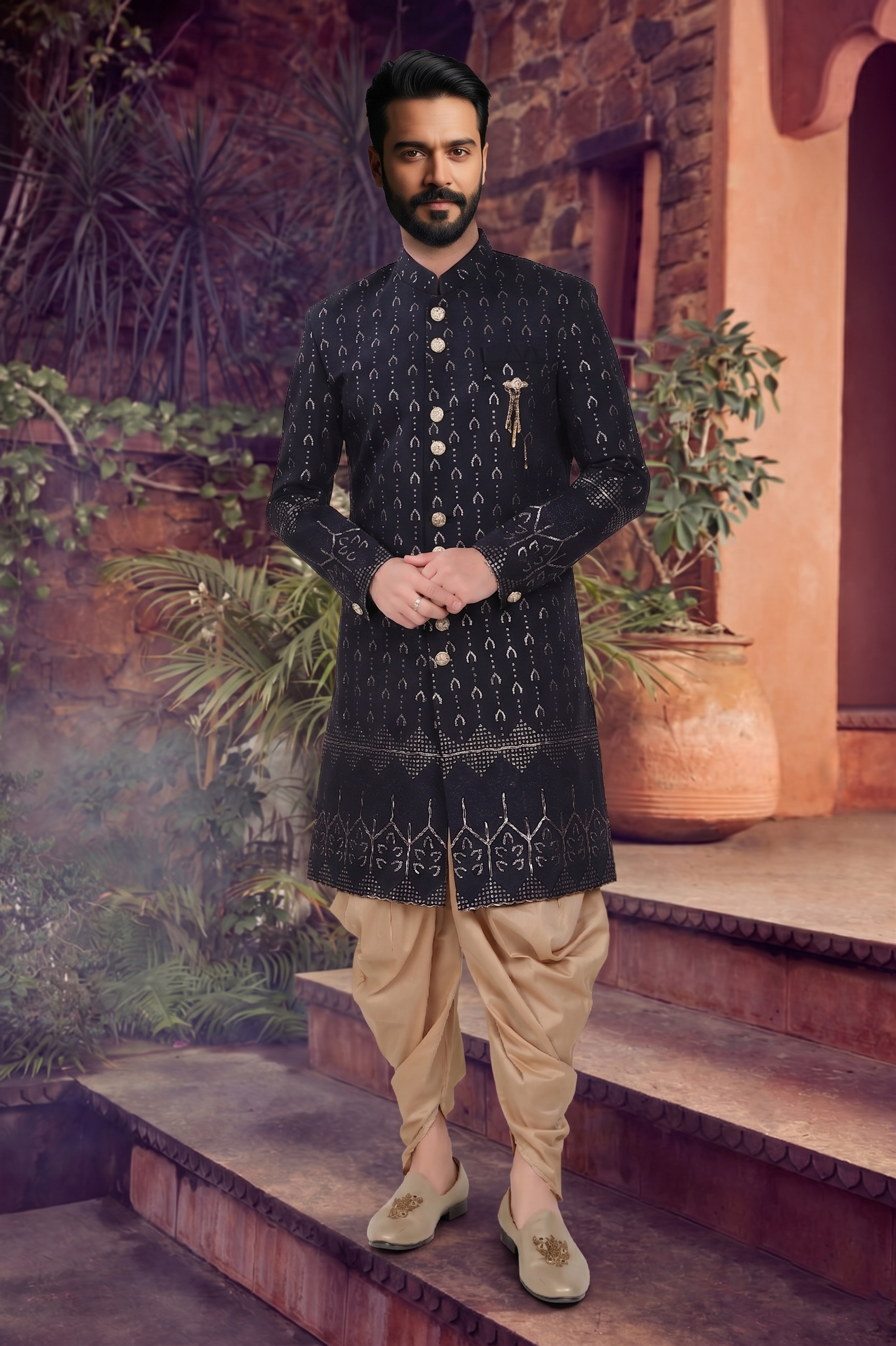 Men's SILK DARK BLUE  SEMI-INDO-WESTERN