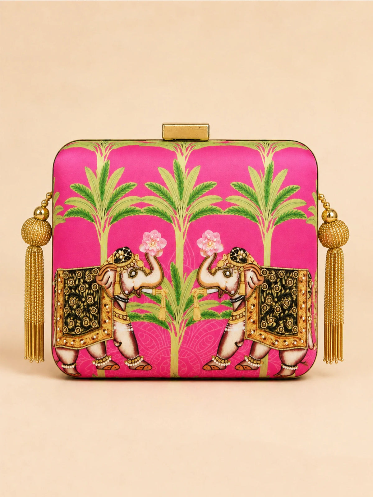 Pink Elephant Print Clutch Bag with Embroidered & Gold Embellishment