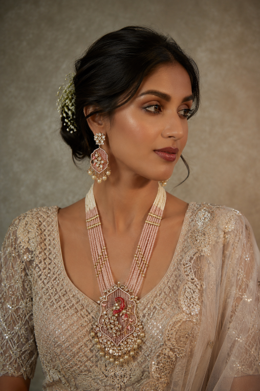 Moissanite Polki Pink Peacock Beaded Statement Necklace Set