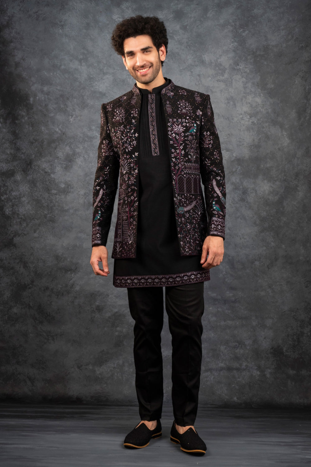 Black silk open Indo Western with silver thread embroidery and sequins work