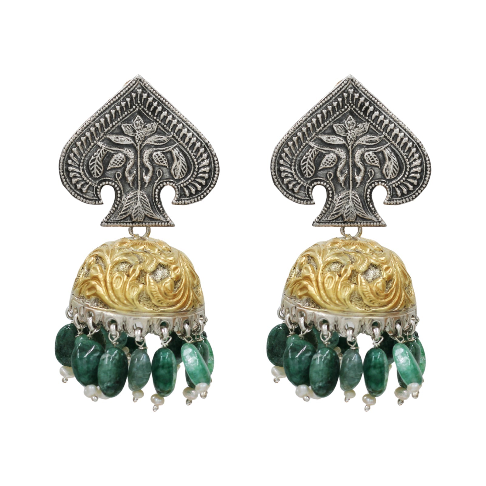 Sangeeta Boochra Dual Tone Green Bead Jhumka Earrings