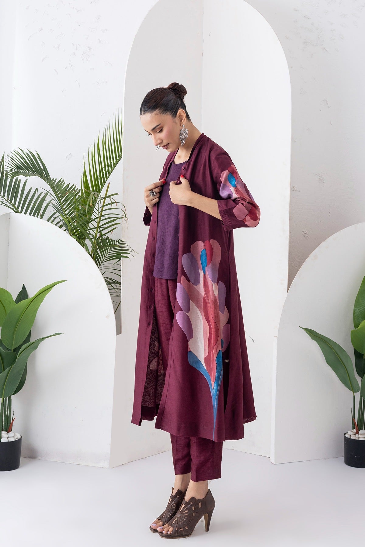 Chocolate Brown Silk Chanderi Printed Dress Set (3 PCS)