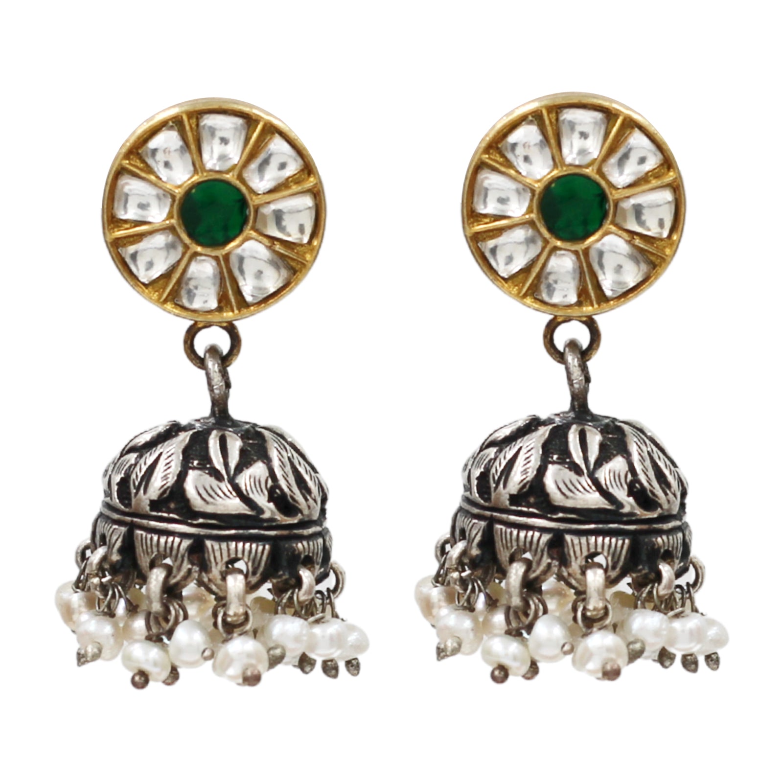 Sangeeta Boochra Dual Tone Kundan Pearl Jhumka Earrings