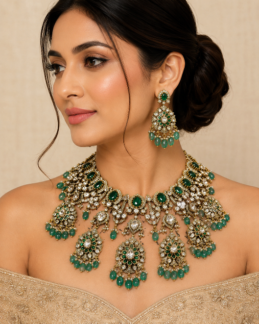 Luxurious Moissanite bridal choker necklace set featuring sparkling stones, emerald green accents, intricate floral motifs, and matching statement earring for a regal wedding look.