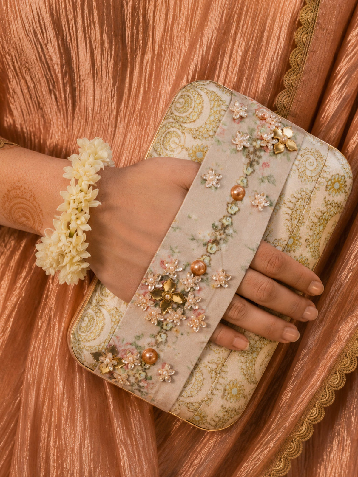 Pastel Floral Embellished Clutch Bag with Jewel & 3D Flower Detail