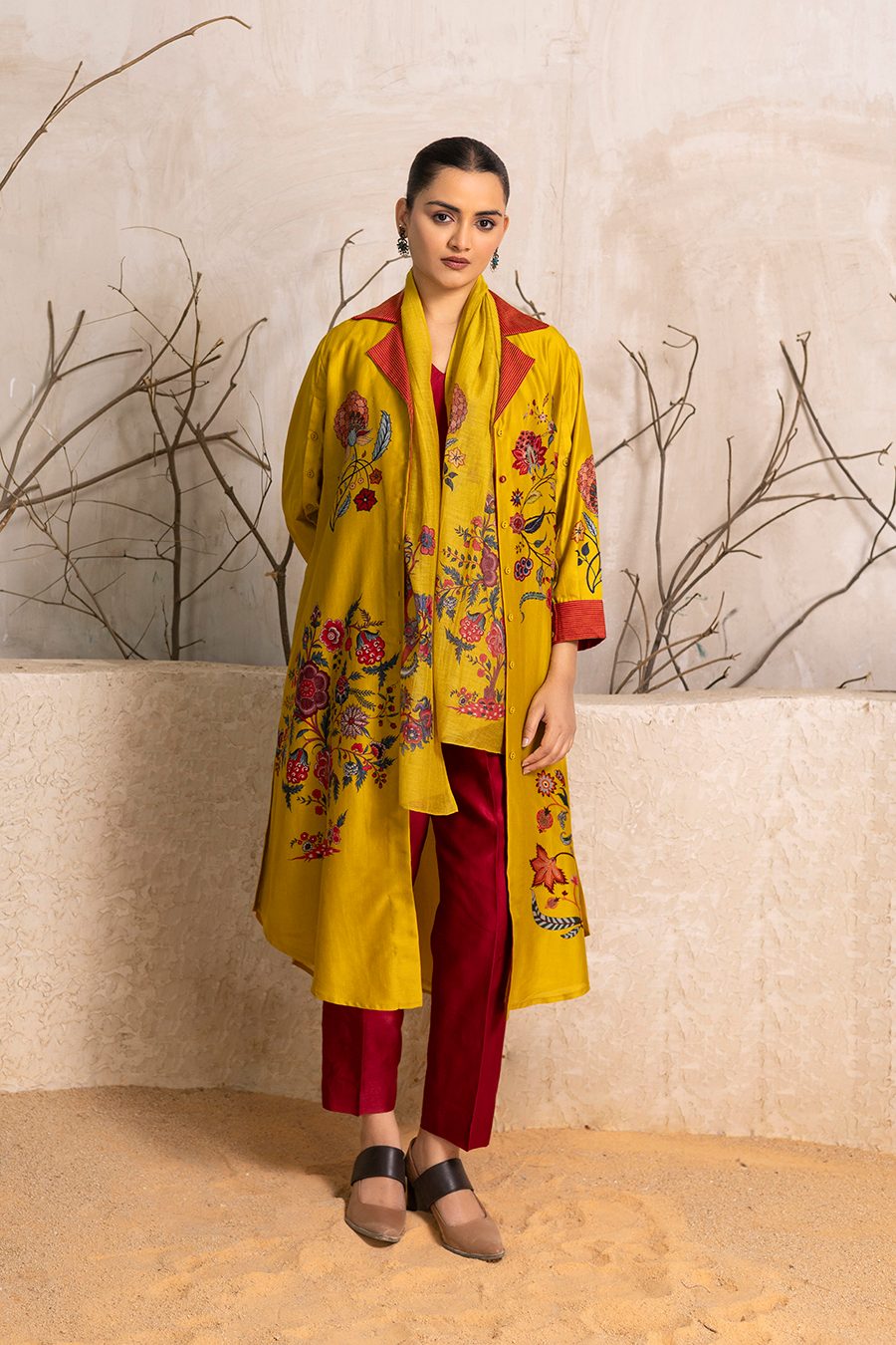 Yellow Silk Chanderi Chintz Printed Stole (1 PC) PC)