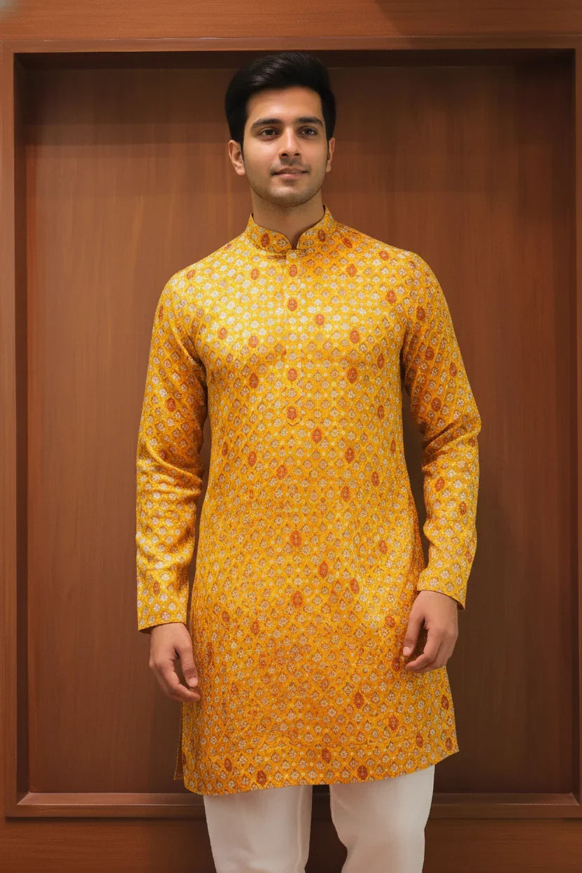 Amber Zari Printed Linen Silk Kurta