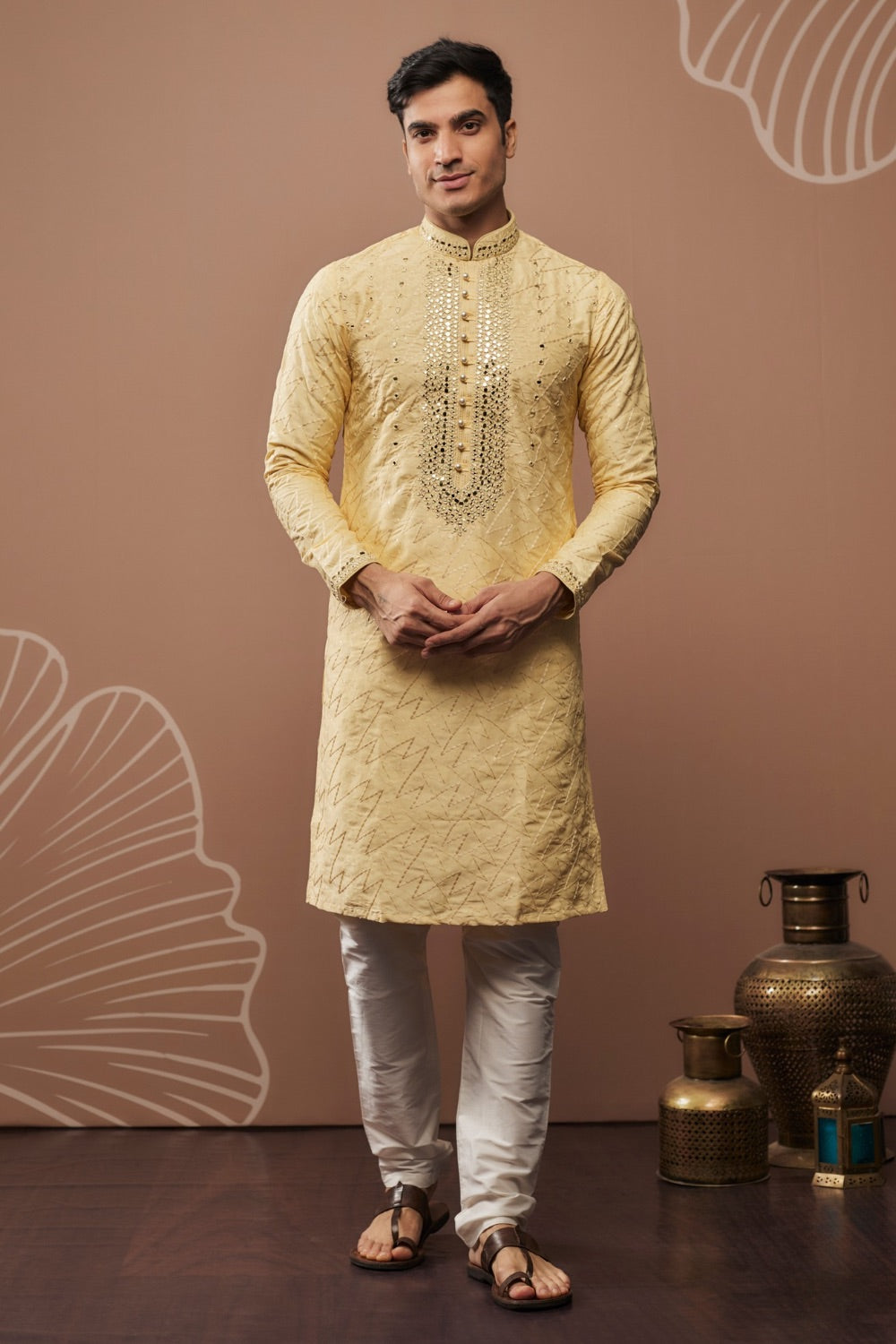 Light yellow silk kurta set with hand and machine work