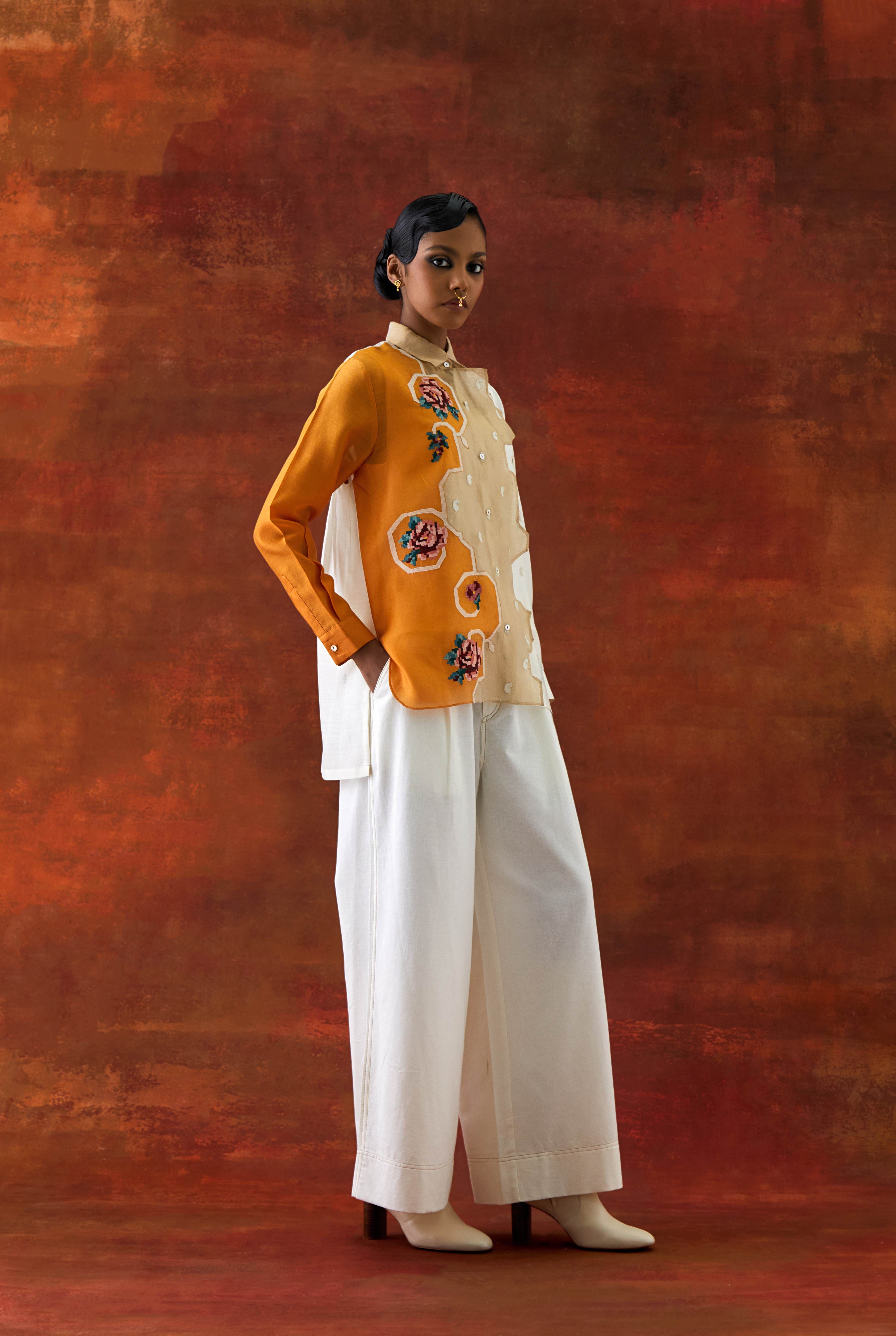 EMB TRI COLOR SHIRT WITH FLARED PANTS - image 1