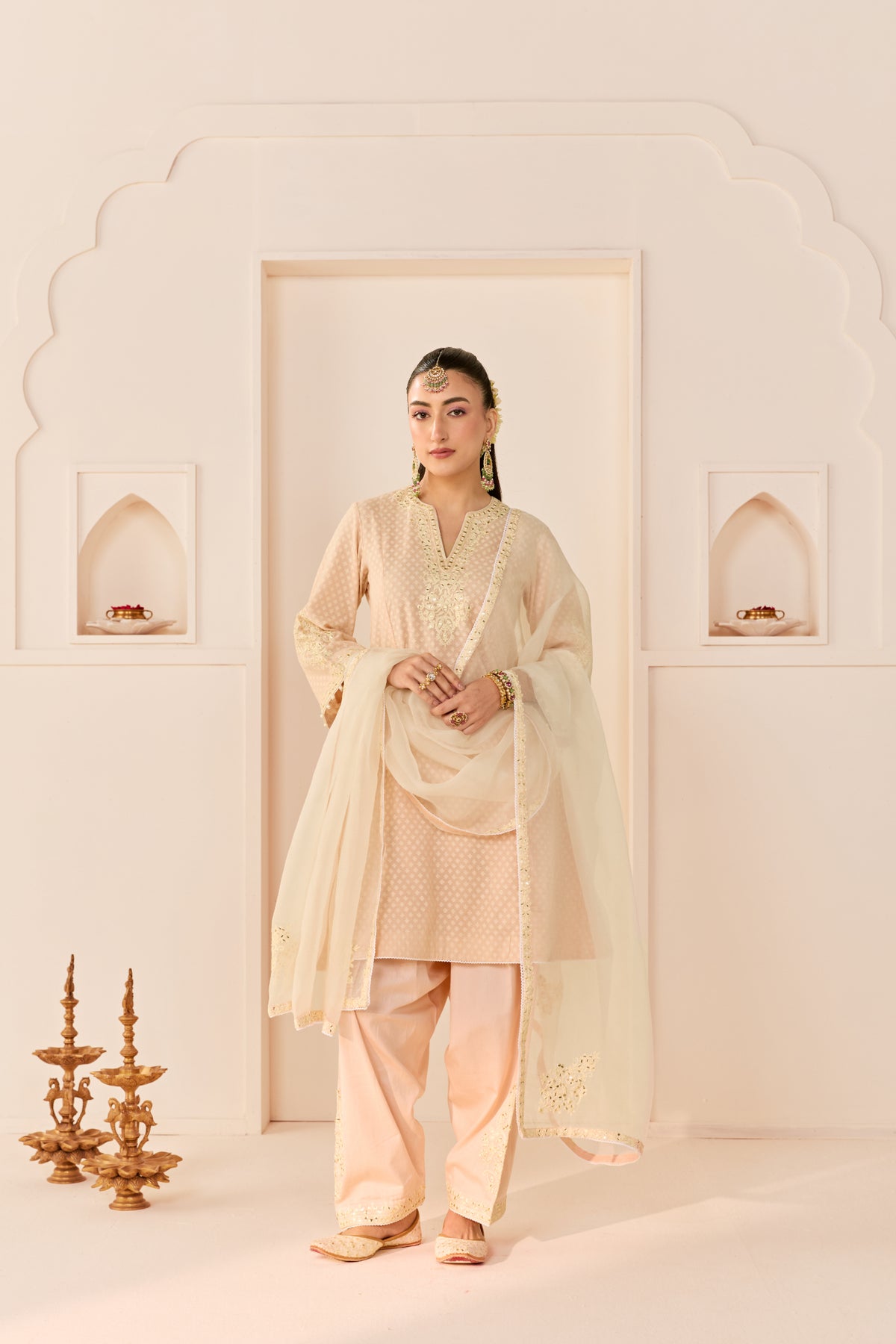Carnation Pink Chanderi Short Choga Dogri Salwar Suit Set