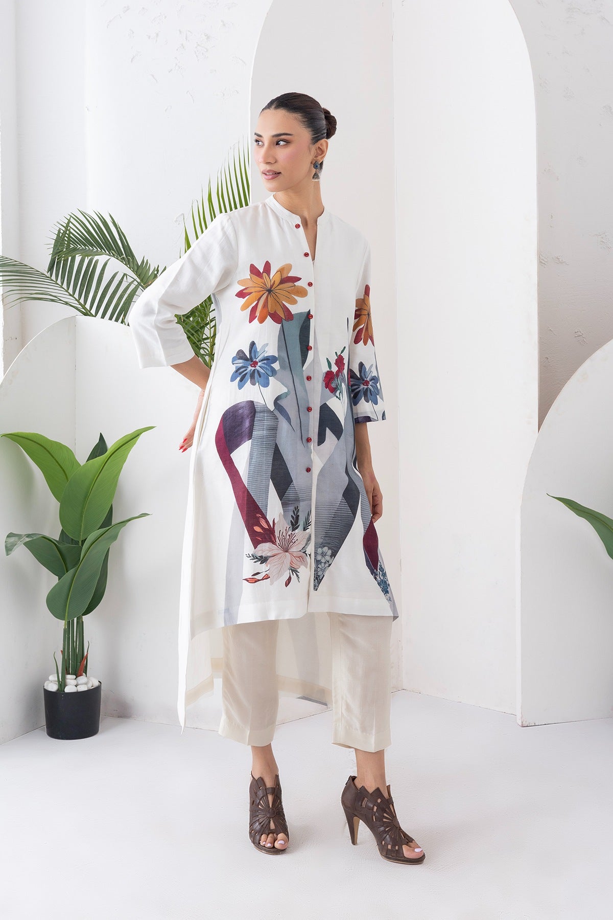 Ivory Silk Chanderi Printed High-Low Dress Set (3 PCS)