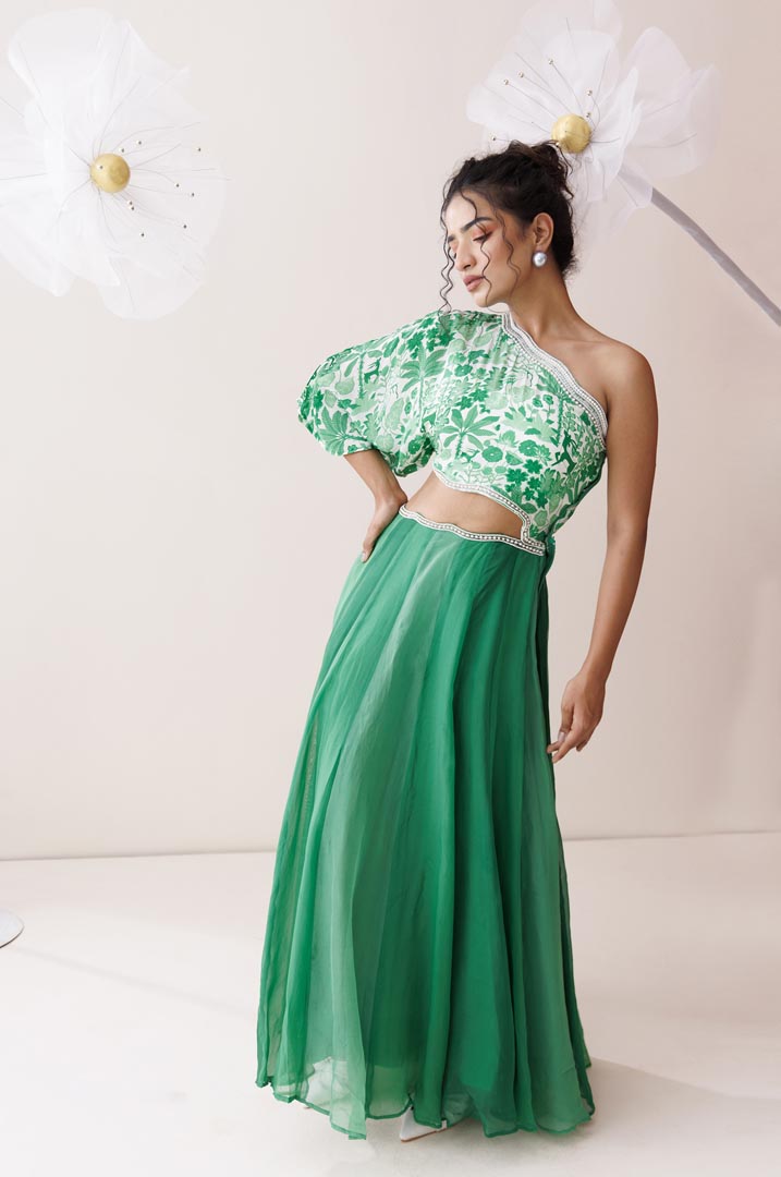 Verde ombre one-shoulder dress