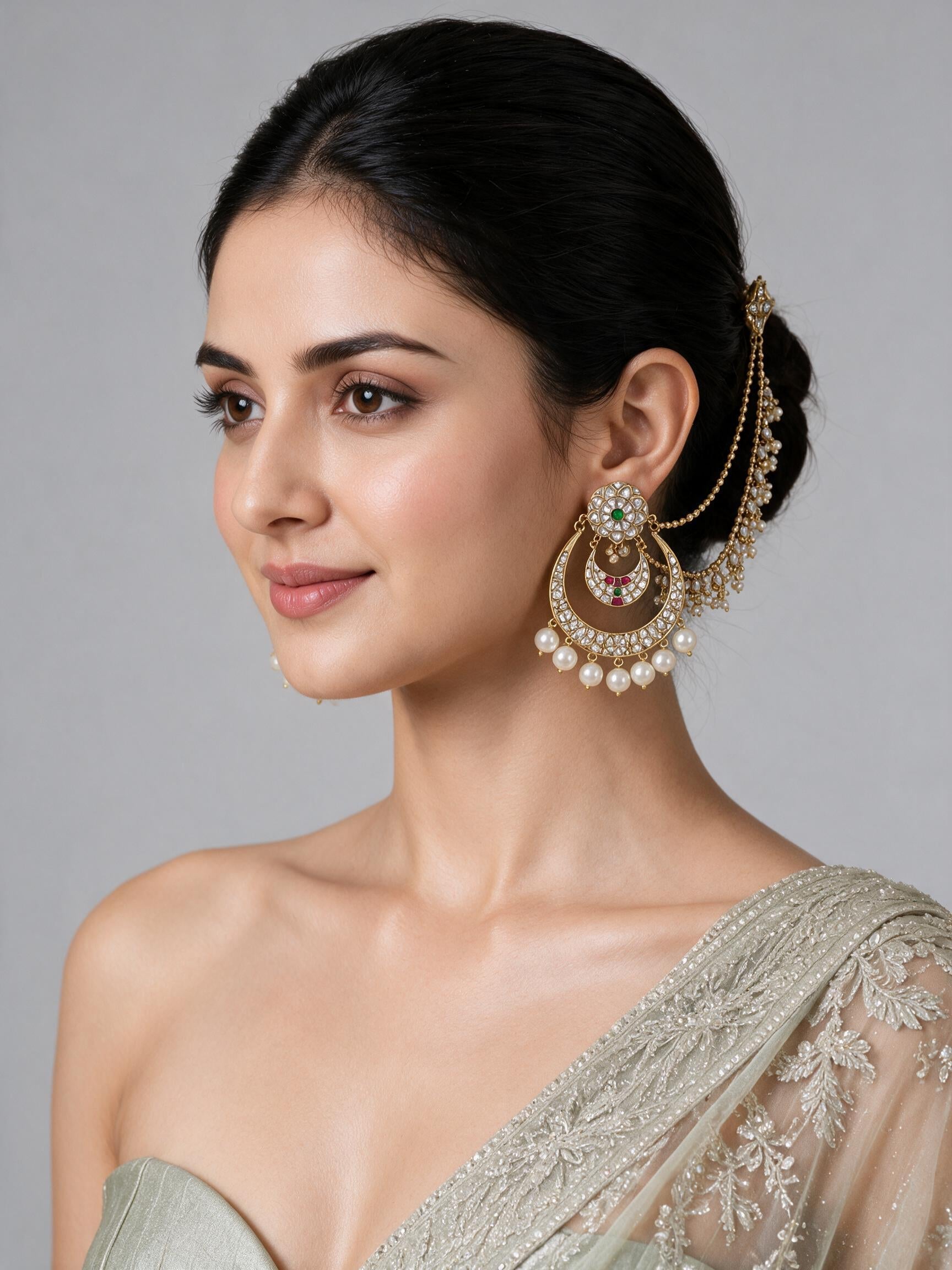 Kundan Pearl Chandbali Earrings with Ear Chains