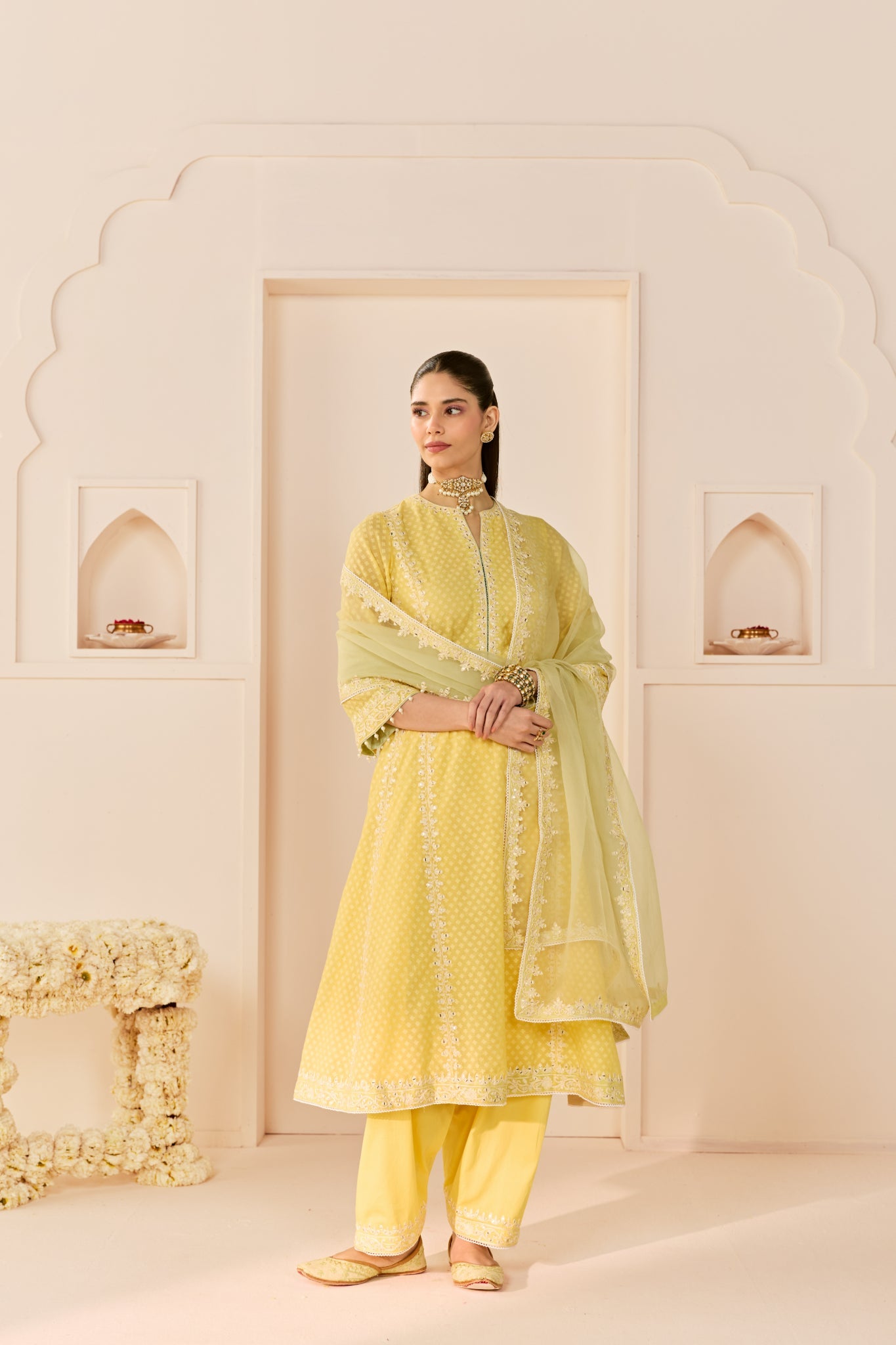 FIRDAUS -LEMON YELLOW LONG KALIDAAR CHAUGA WITH DOGRI SALWAR AND DUPATTA