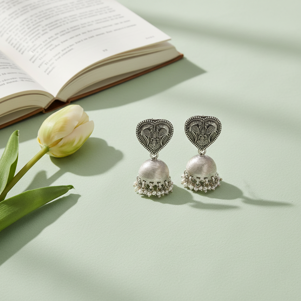 Sangeeta Boochra Traditional Heart Motif Silver Danglers