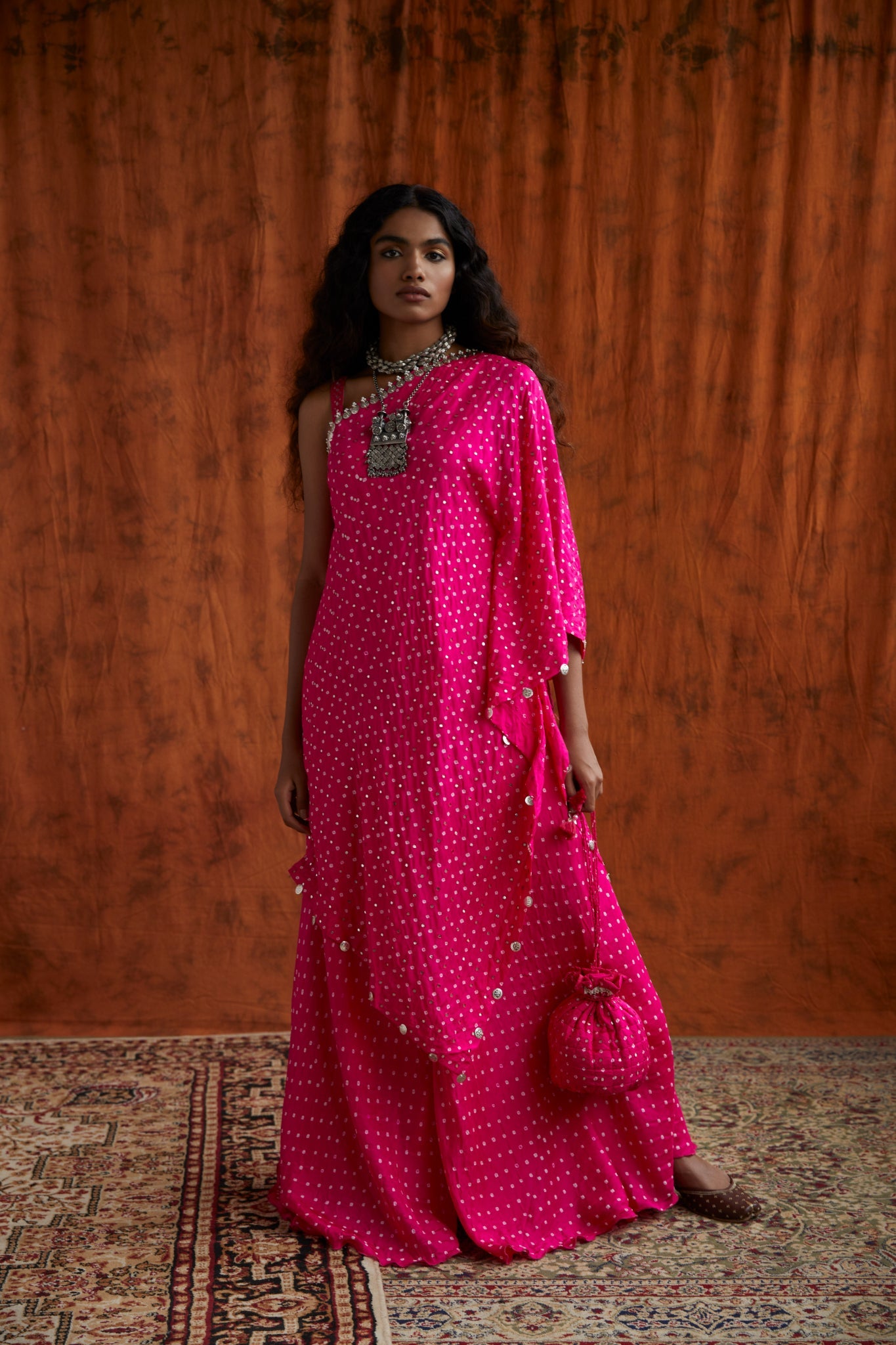 One shoulder bandhni cape and sharara set