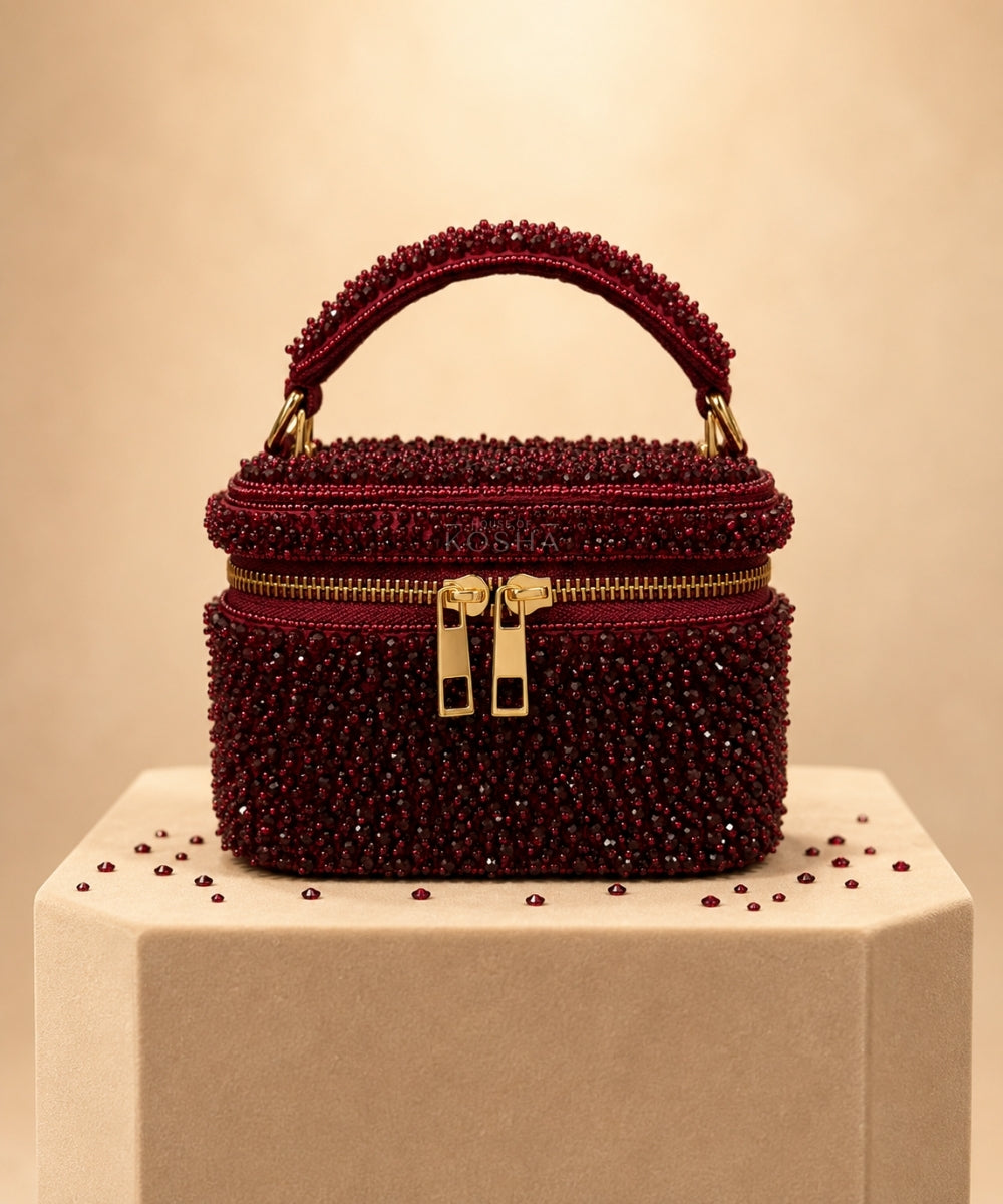 Ziya Maroon Suede Embroidered Vanity Bag