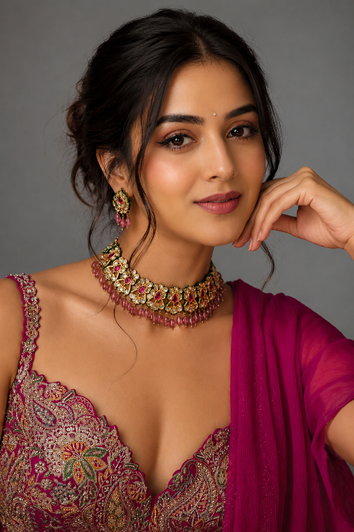Gulnaar Pink Jaipuri Kundan Choker Necklace Set