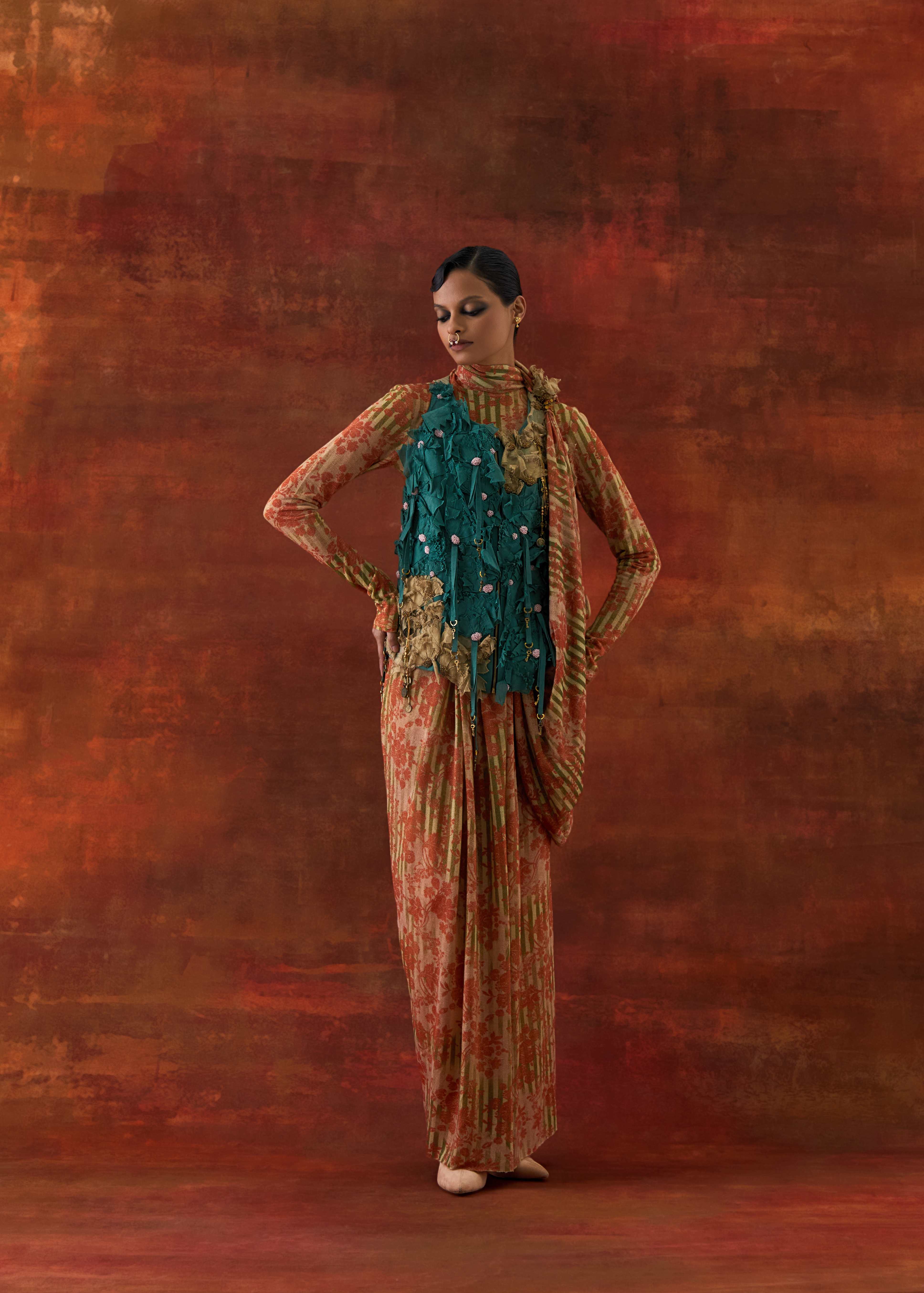 3D FLOWER RACER BACK JACKET WITH GOLD JERSEY DRAPED SARI - image 1