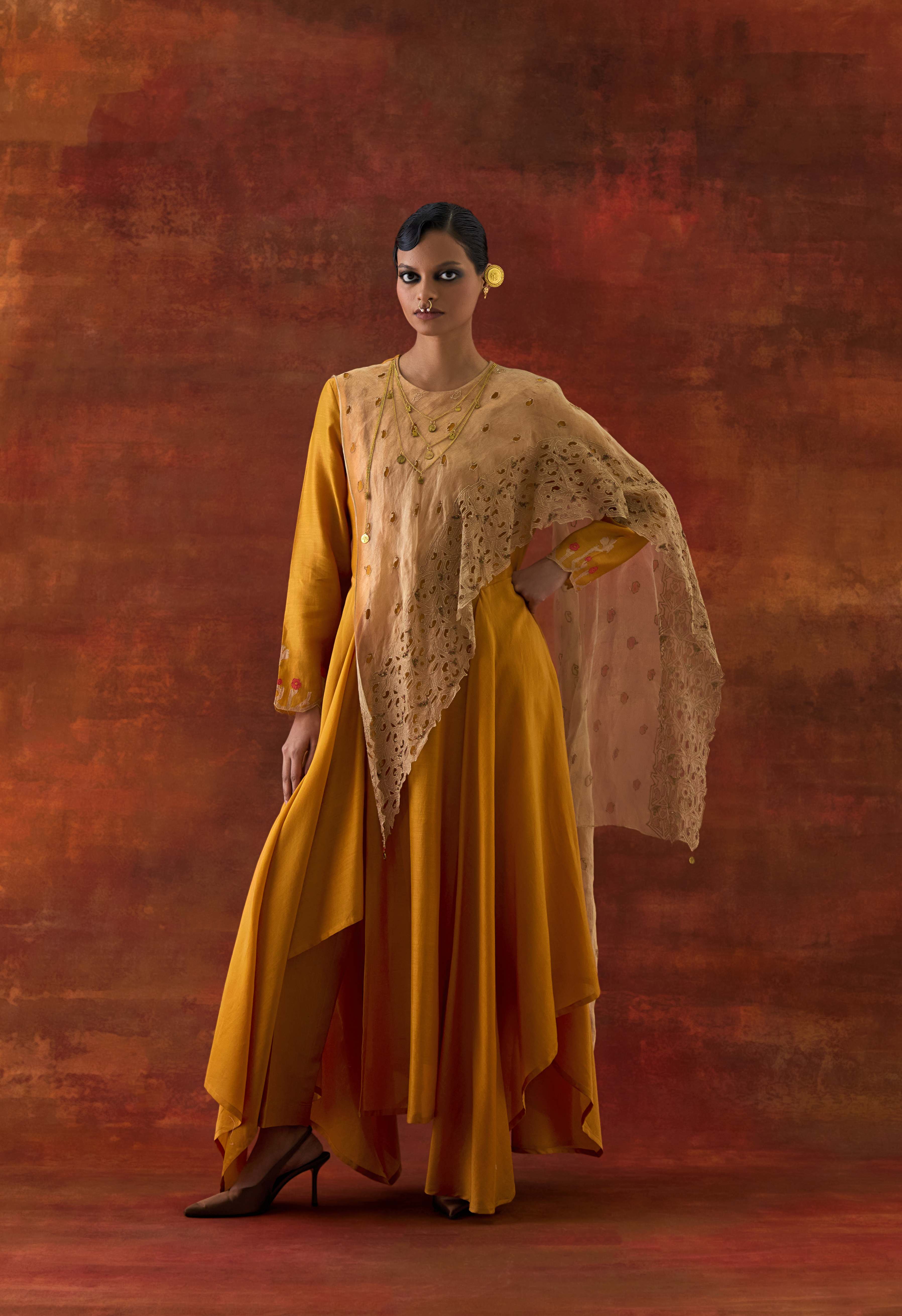 EMB GOLD TISSUE ATTACHED DRAPED KURTA WITH PANTS - image 1