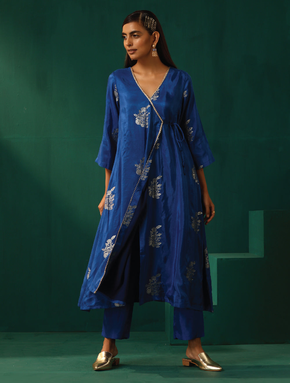 trueBrowns Royal Blue Floral Viscose Silk Angrakha Kurta Pant Set
