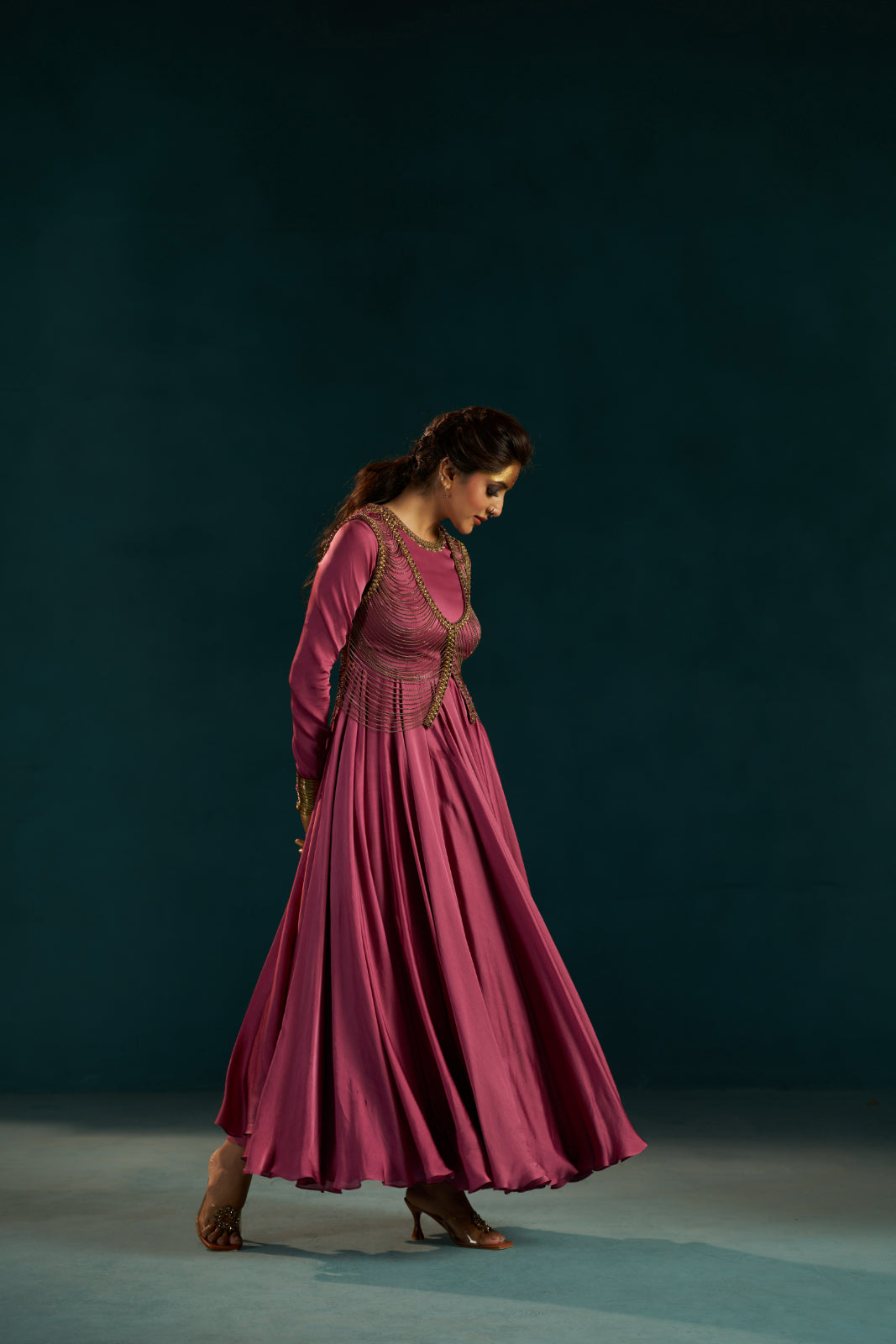 Onion Pink Organza Satin Anarkali with Metal Chain Jacket.